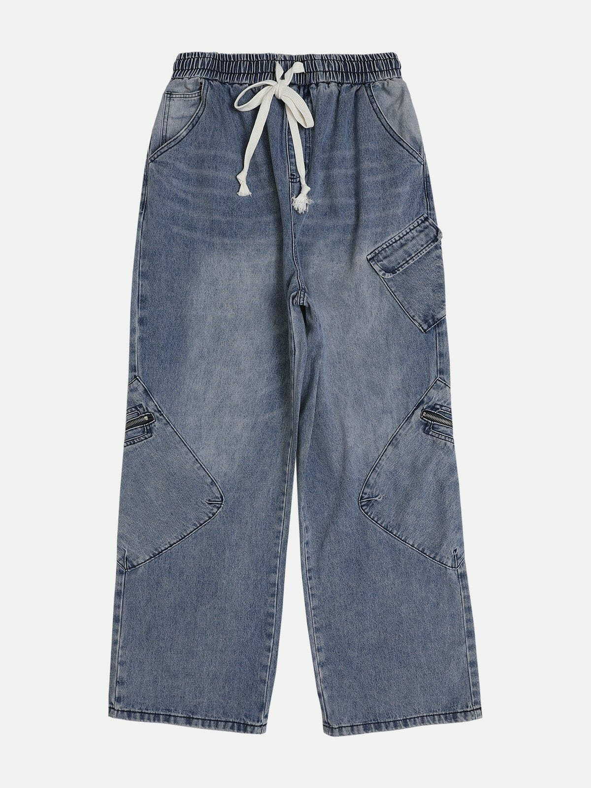 Irregular Pocket Patchwork Jeans - Y2K Fashion Grunge Aesthetic Denim for Unique Style