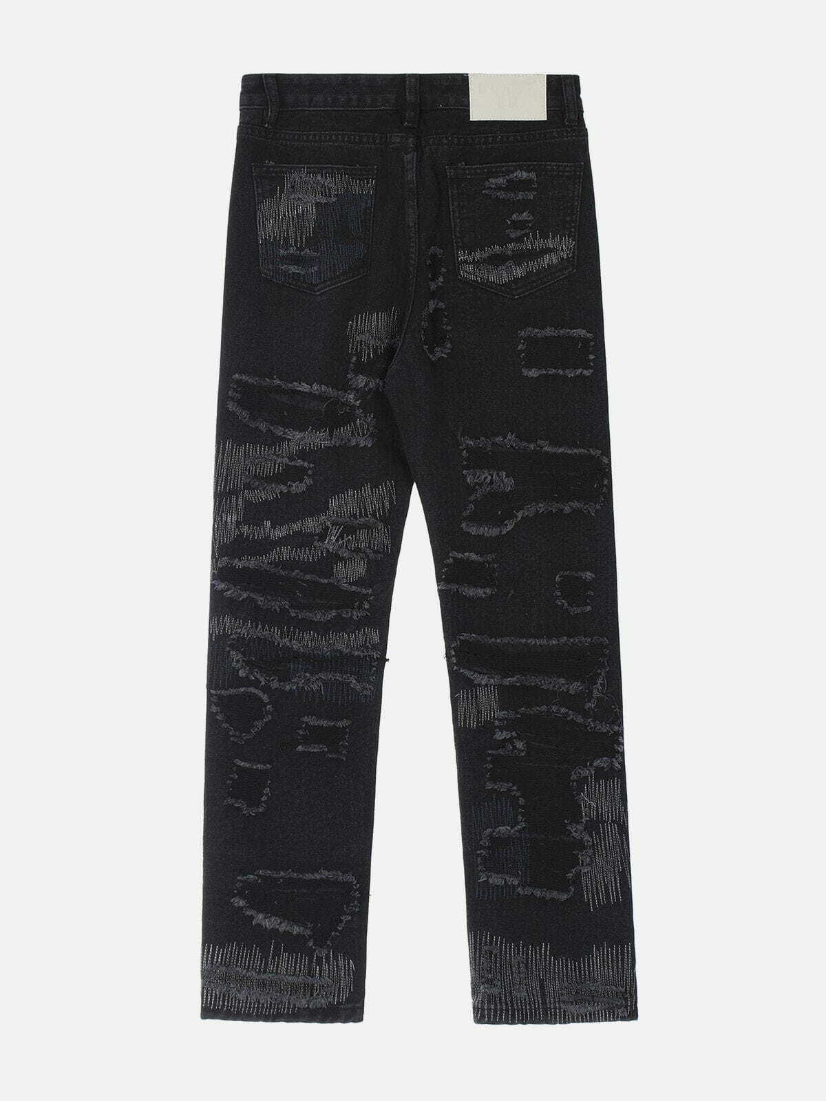 Irregular Ripped Patchwork Embroidery Jeans - Y2K Grunge Aesthetic Denim for Unique Style