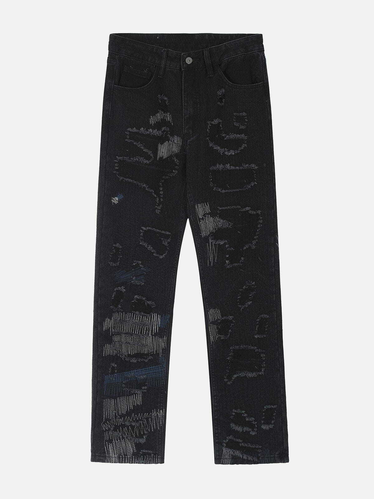 Irregular Ripped Patchwork Embroidery Jeans - Y2K Grunge Aesthetic Denim for Unique Style