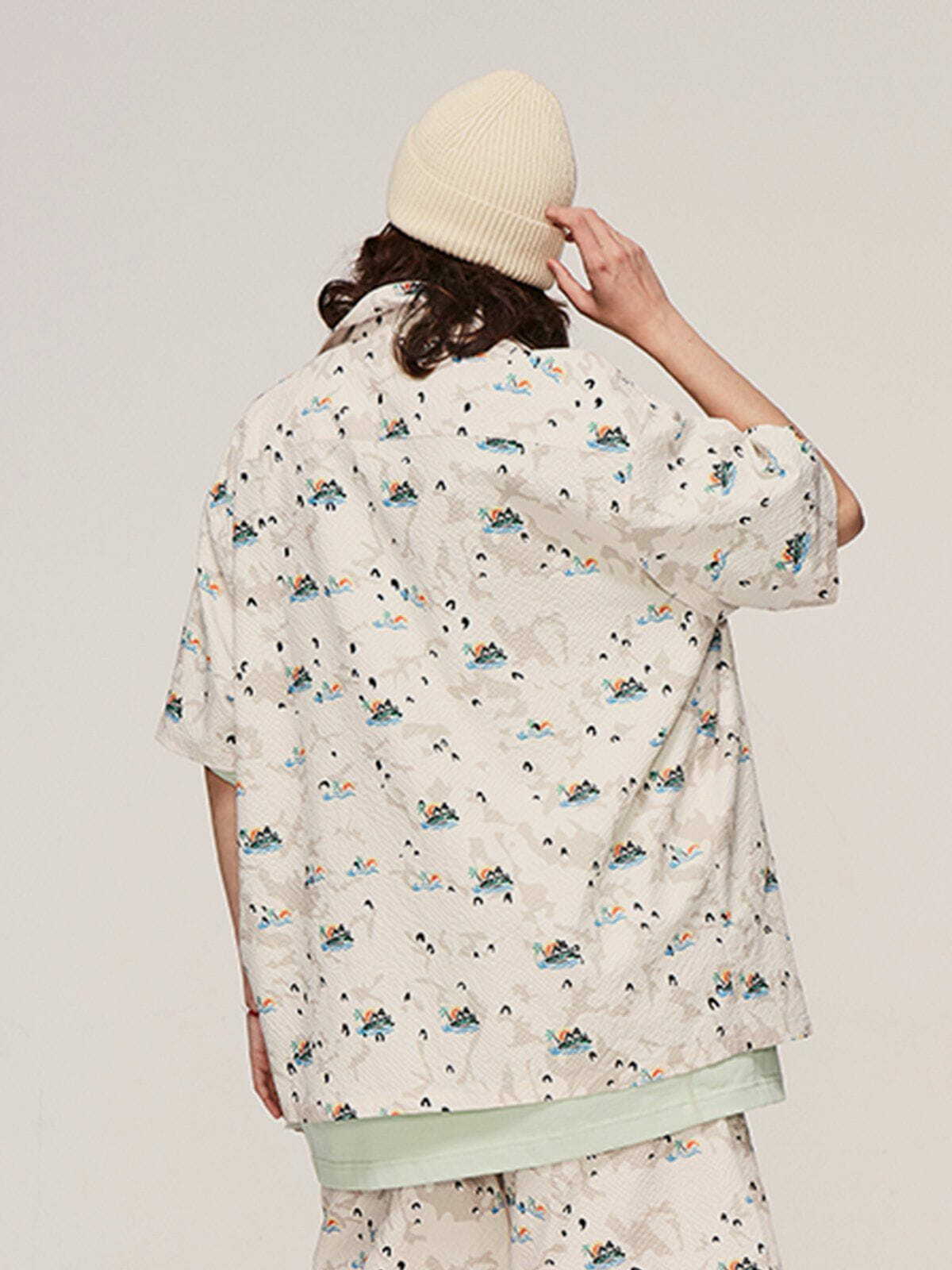 Island Scenery Print Short Sleeve Shirt - Y2K Aesthetic, Cute Tops for Summer Vibes