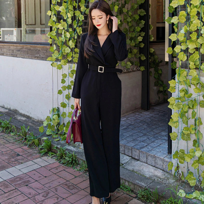 Korean Y2K Aesthetic Winter Jumpsuit with Turn Down Collar and Belted Design