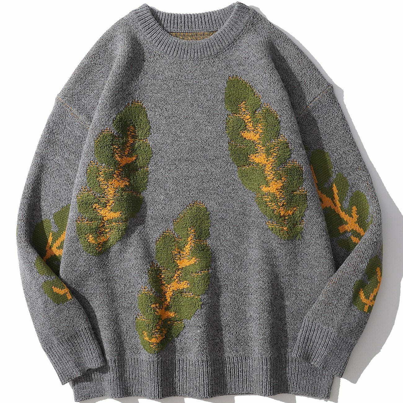 Leaf Print Knit Sweater - Y2K Aesthetic Cozy Top for Grunge & Coquette Styles