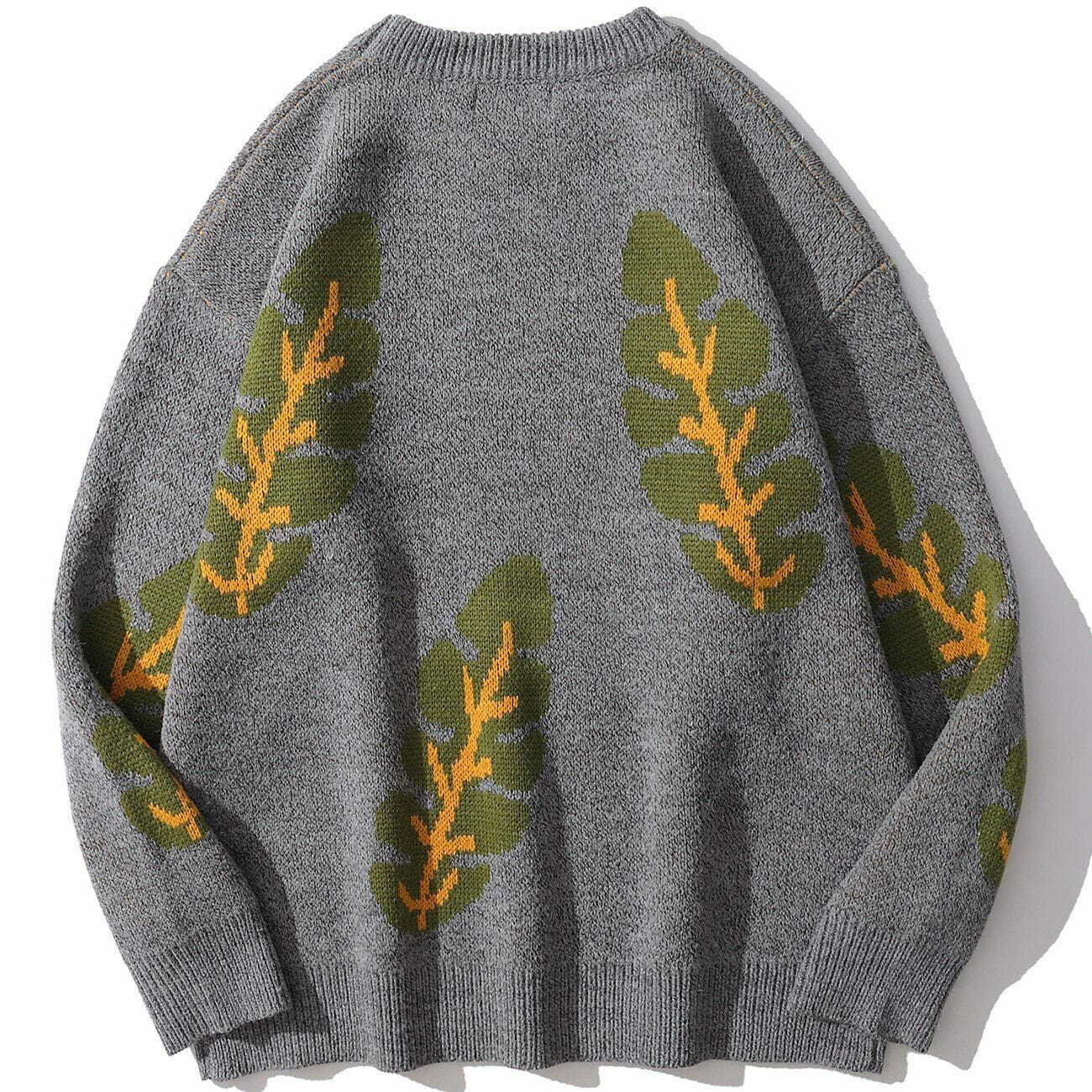 Leaf Print Knit Sweater - Y2K Aesthetic Cozy Top for Grunge & Coquette Styles