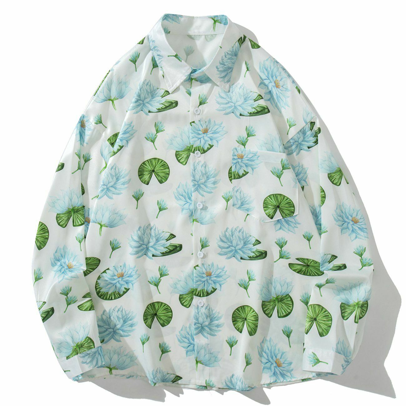 Lotus Leaf Print Long-Sleeved Shirt - Y2K Aesthetic Top for Coquette & Grunge Styles