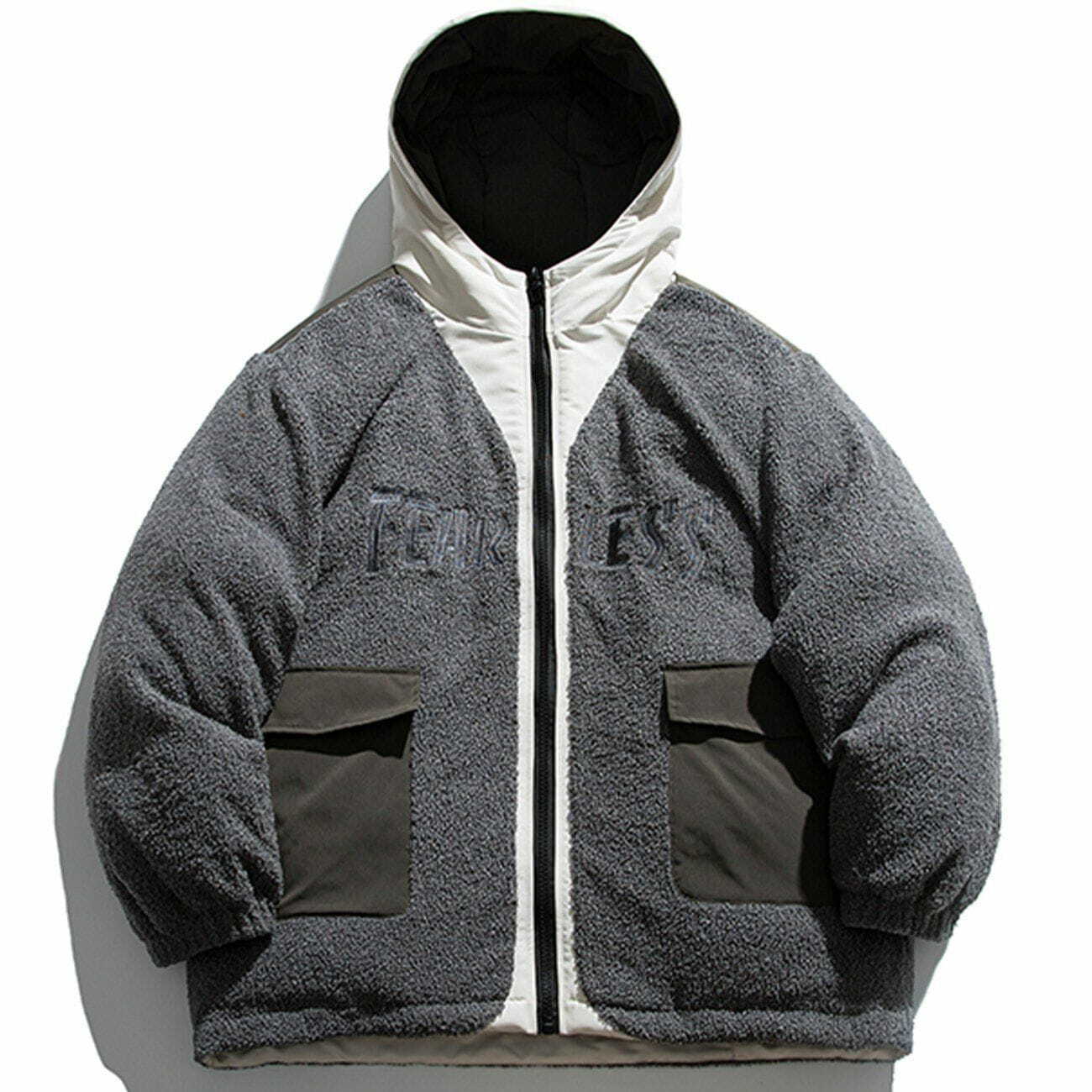 Monogram Print Contrast Color Sherpa Hoodie - Y2K Fashion Meets Cozy Aesthetic Style