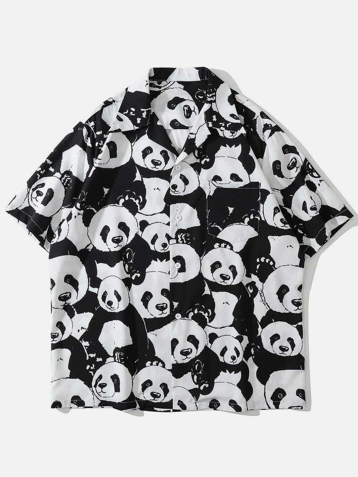 Panda Print Y2K Aesthetic Short-Sleeved Shirt - Cute Top for Coquette & Grunge Styles