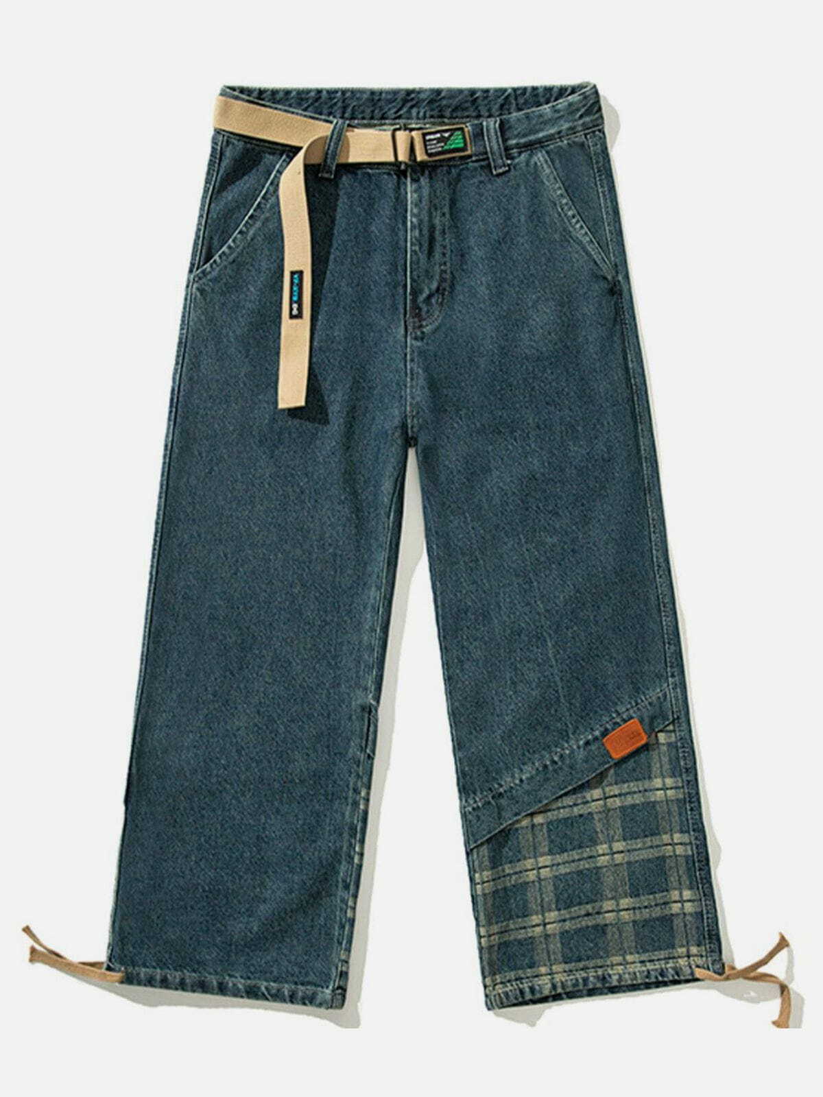 Panelled Plaid Belted Y2K Jeans for Grunge Aesthetic & Coquette Style Outfits