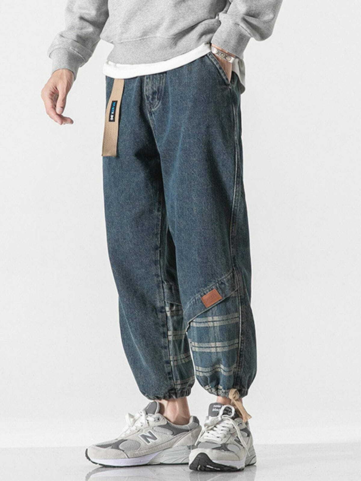 Panelled Plaid Belted Y2K Jeans for Grunge Aesthetic & Coquette Style Outfits