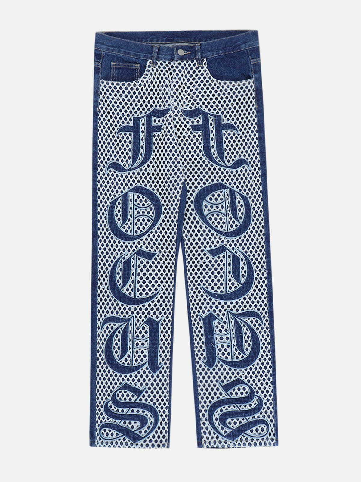 Patchwork Embroidered Y2K Grunge Jeans with Gothic Letters for Aesthetic Outfits