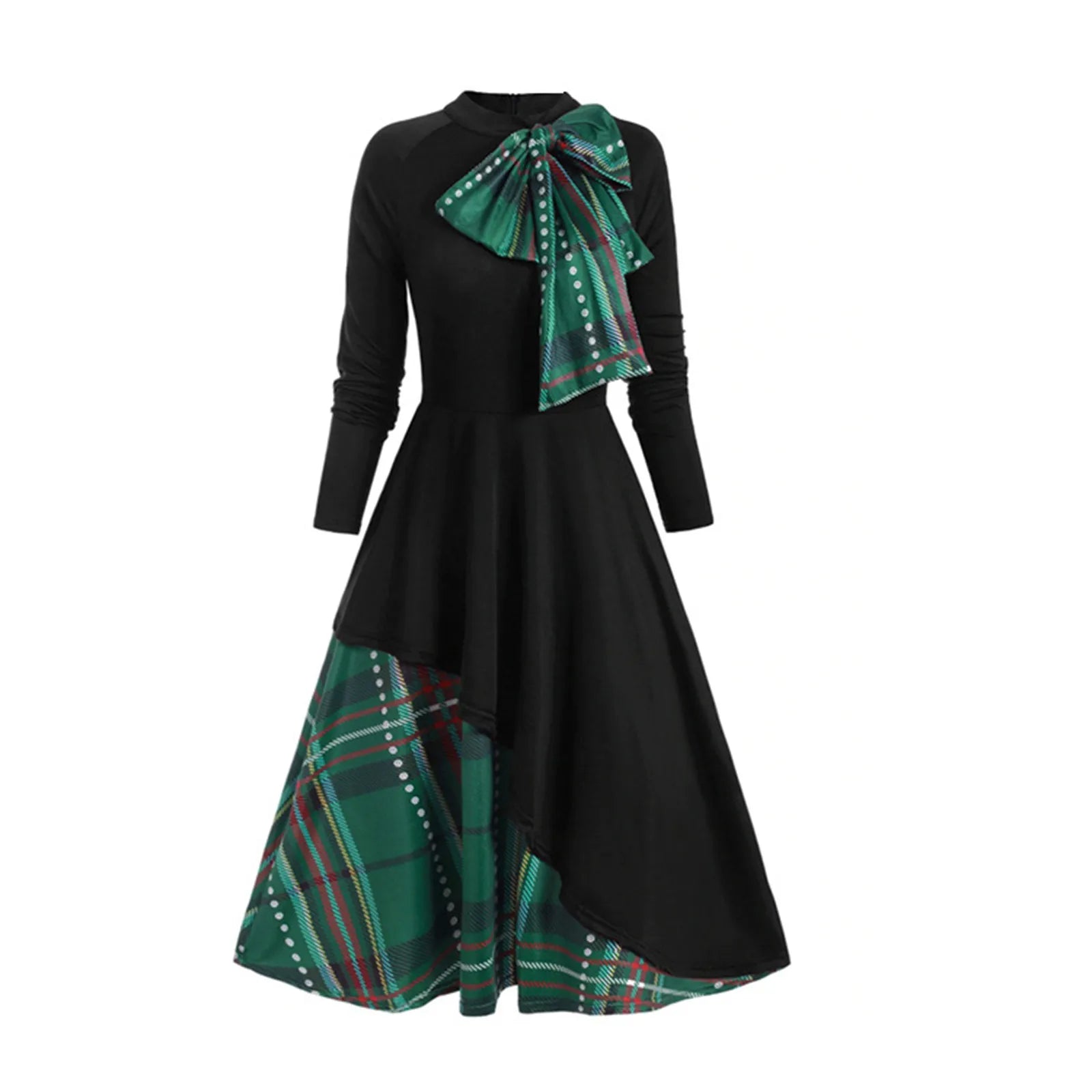 Plaid Bowknot Swing Dress for Holiday Parties - Y2K Aesthetic Long Sleeve Winter Style