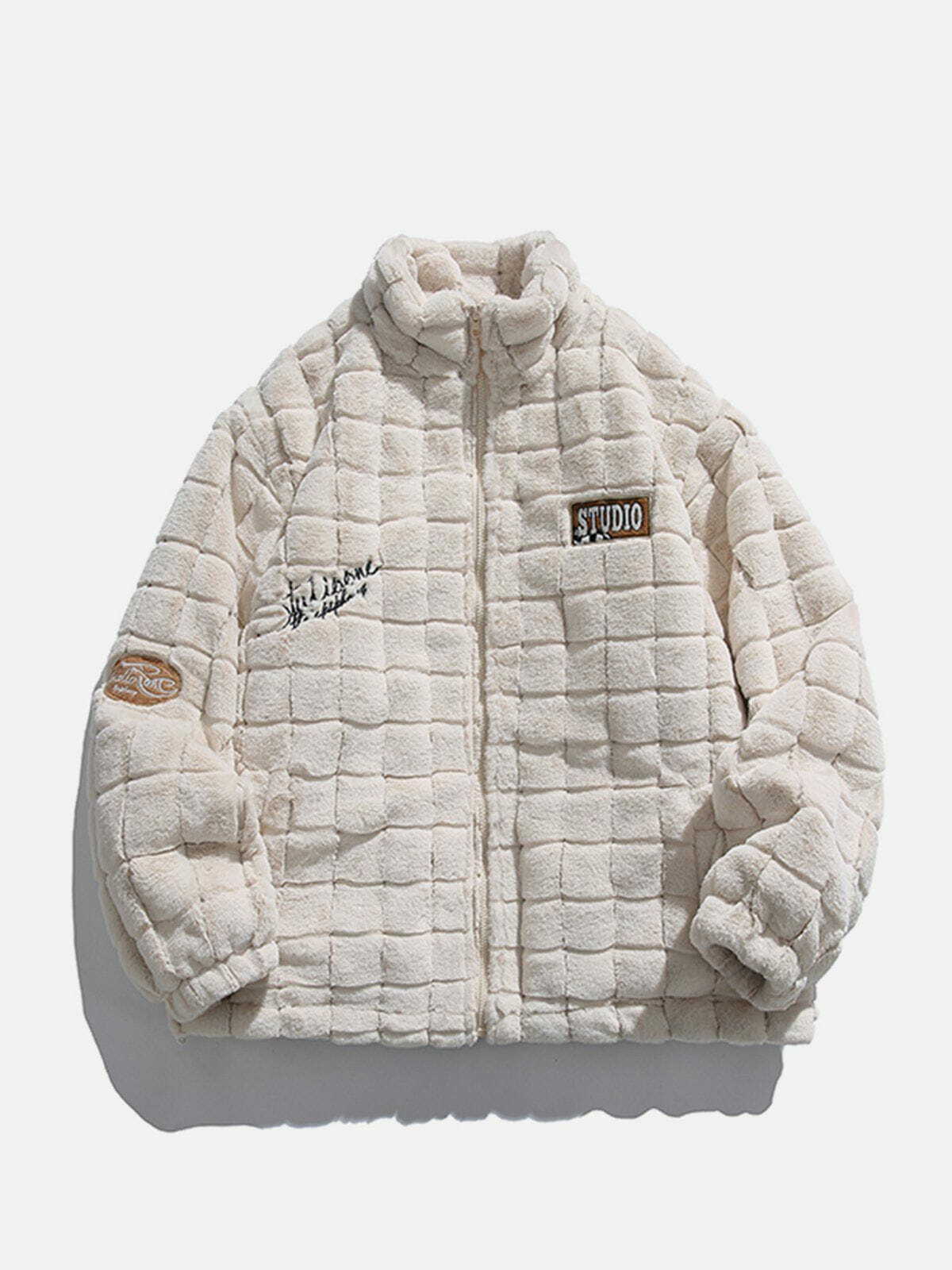 Plaid Embroidered Sherpa Winter Coat - Y2K Aesthetic, Cozy Layering for Grunge & Coquette Styles