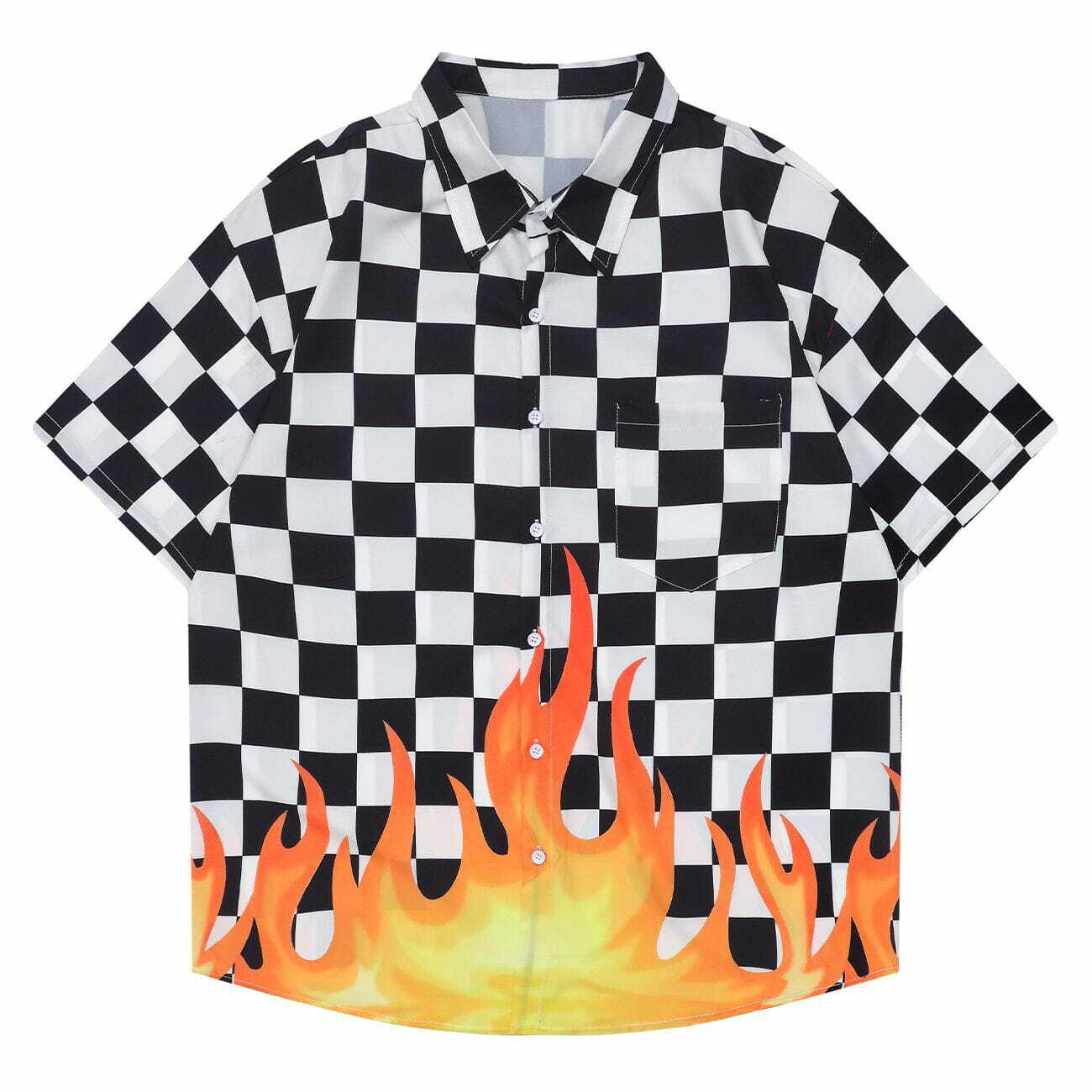 Plaid Flame Short Sleeve Shirt - Y2K Fashion Meets Grunge Aesthetic for Trendy Outfits