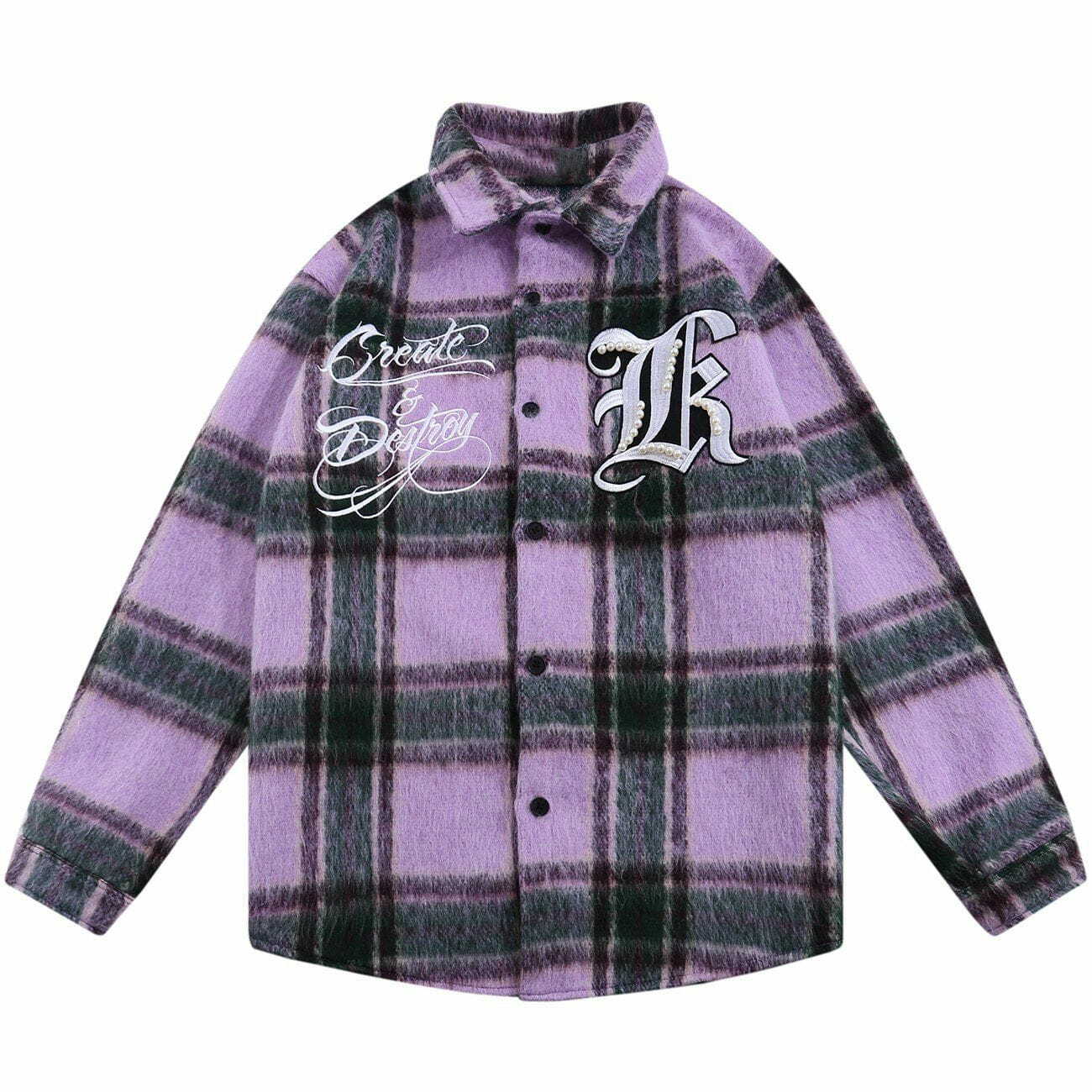 Plaid Letter Embroidery Long-Sleeve Shirt - Y2K Fashion, Coquette Aesthetic, Cute Tops