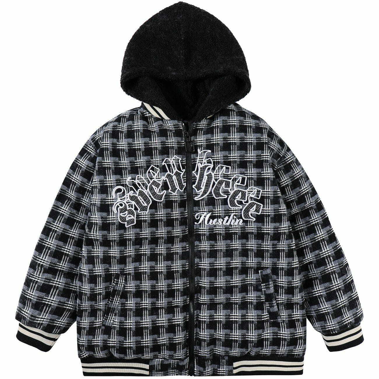 Plaid Patchwork Embroidery Hooded Winter Coat - Y2K Aesthetic, Cozy Grunge Style Outerwear