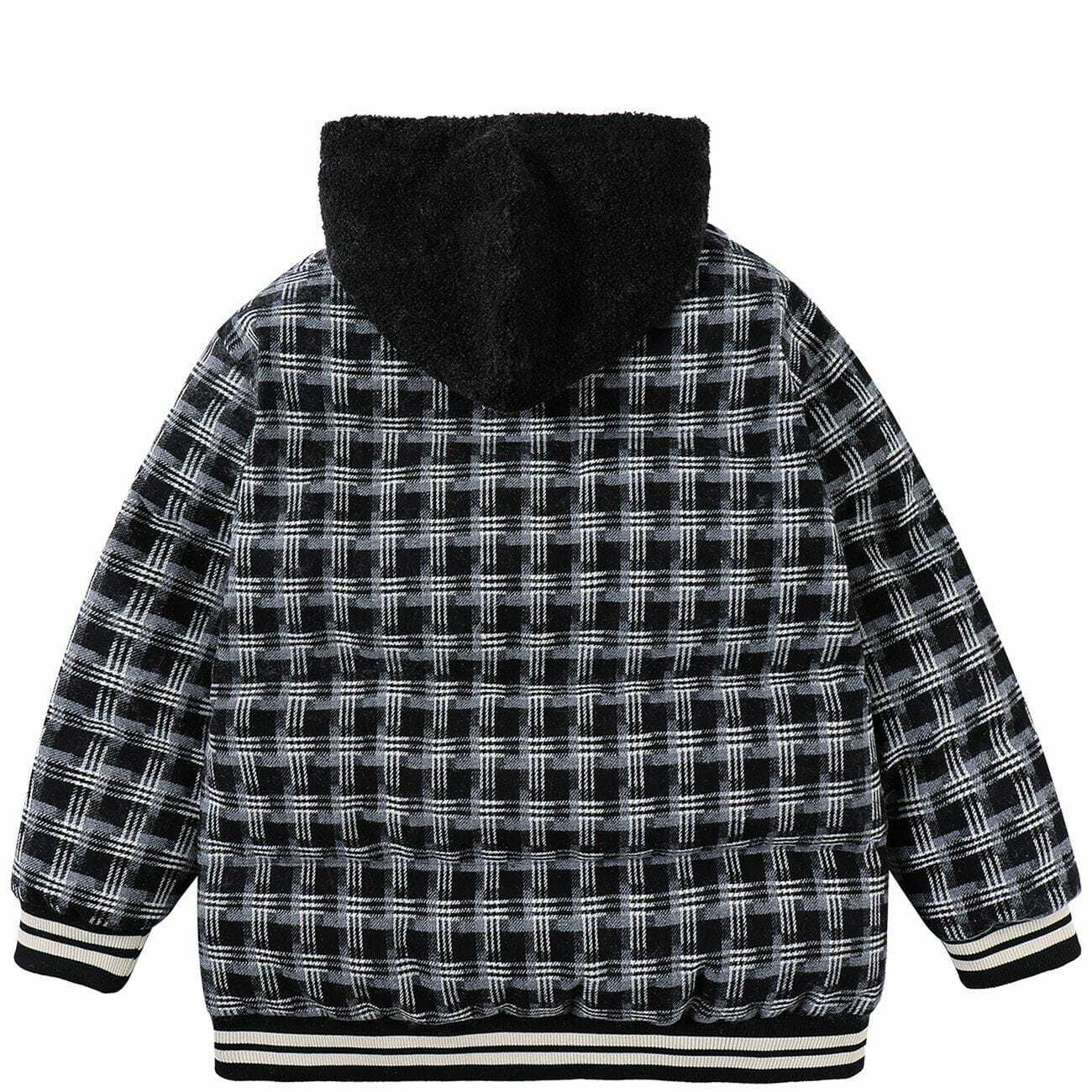 Plaid Patchwork Embroidery Hooded Winter Coat - Y2K Aesthetic, Cozy Grunge Style Outerwear