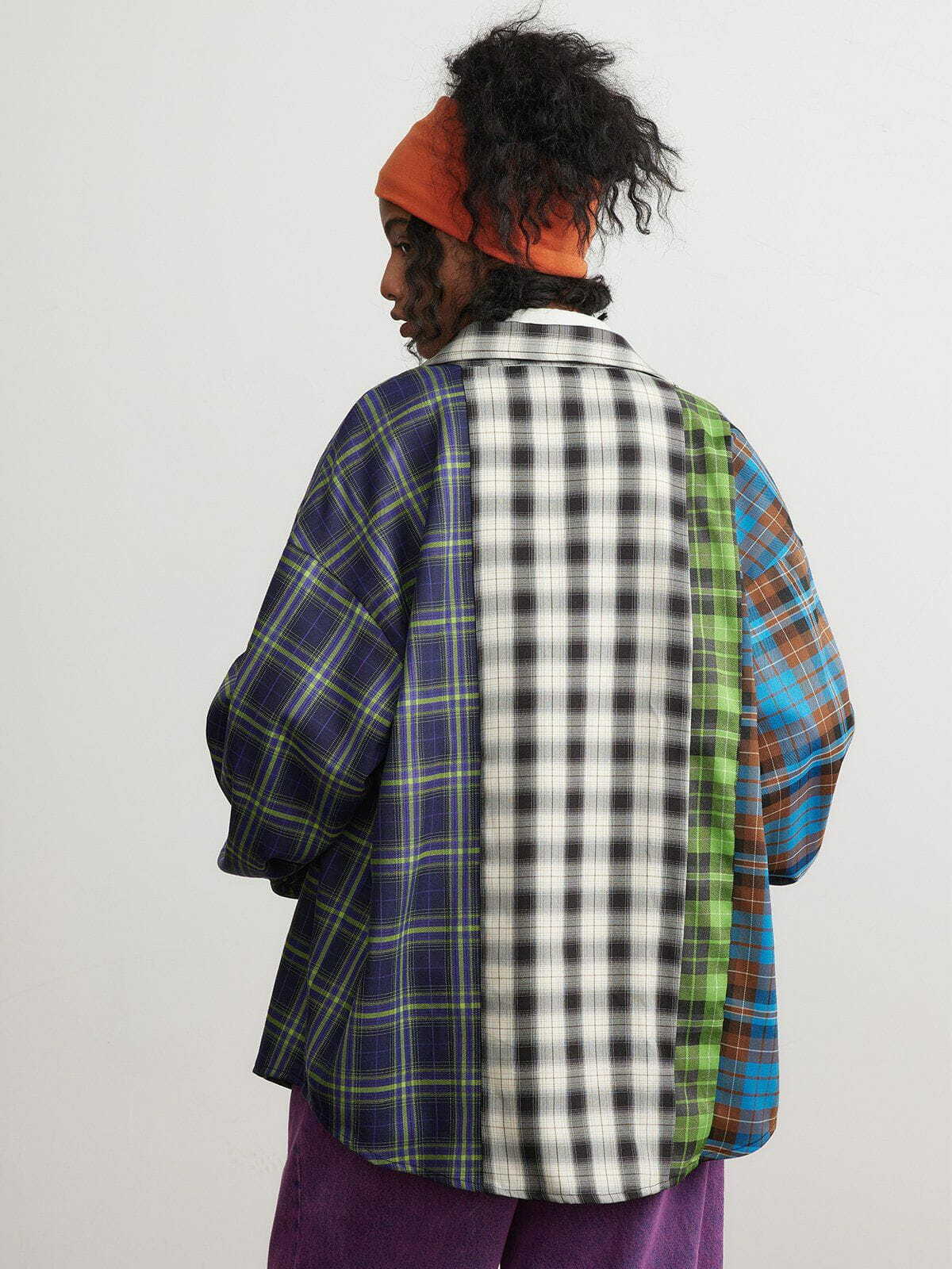 Plaid Patchwork Long-Sleeved Shirt - Y2K Fashion Essential for Coquette & Grunge Aesthetics