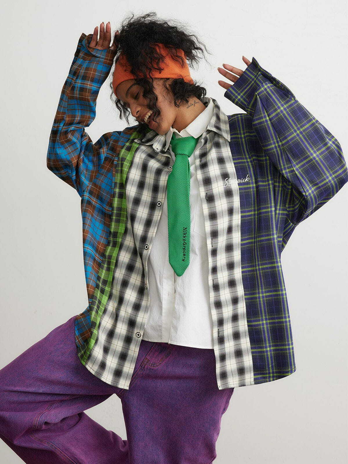 Plaid Patchwork Long-Sleeved Shirt - Y2K Fashion Essential for Coquette & Grunge Aesthetics