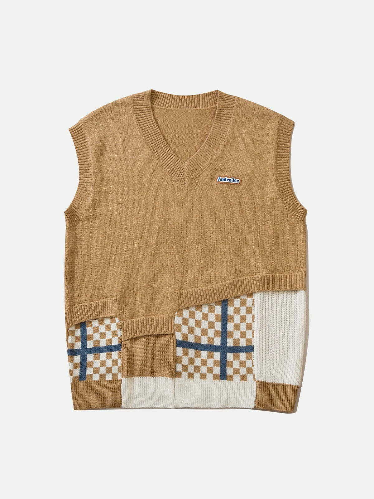 Plaid Patchwork Sweater Vest - Y2K Aesthetic Layering Essential for Cozy Fall Outfits