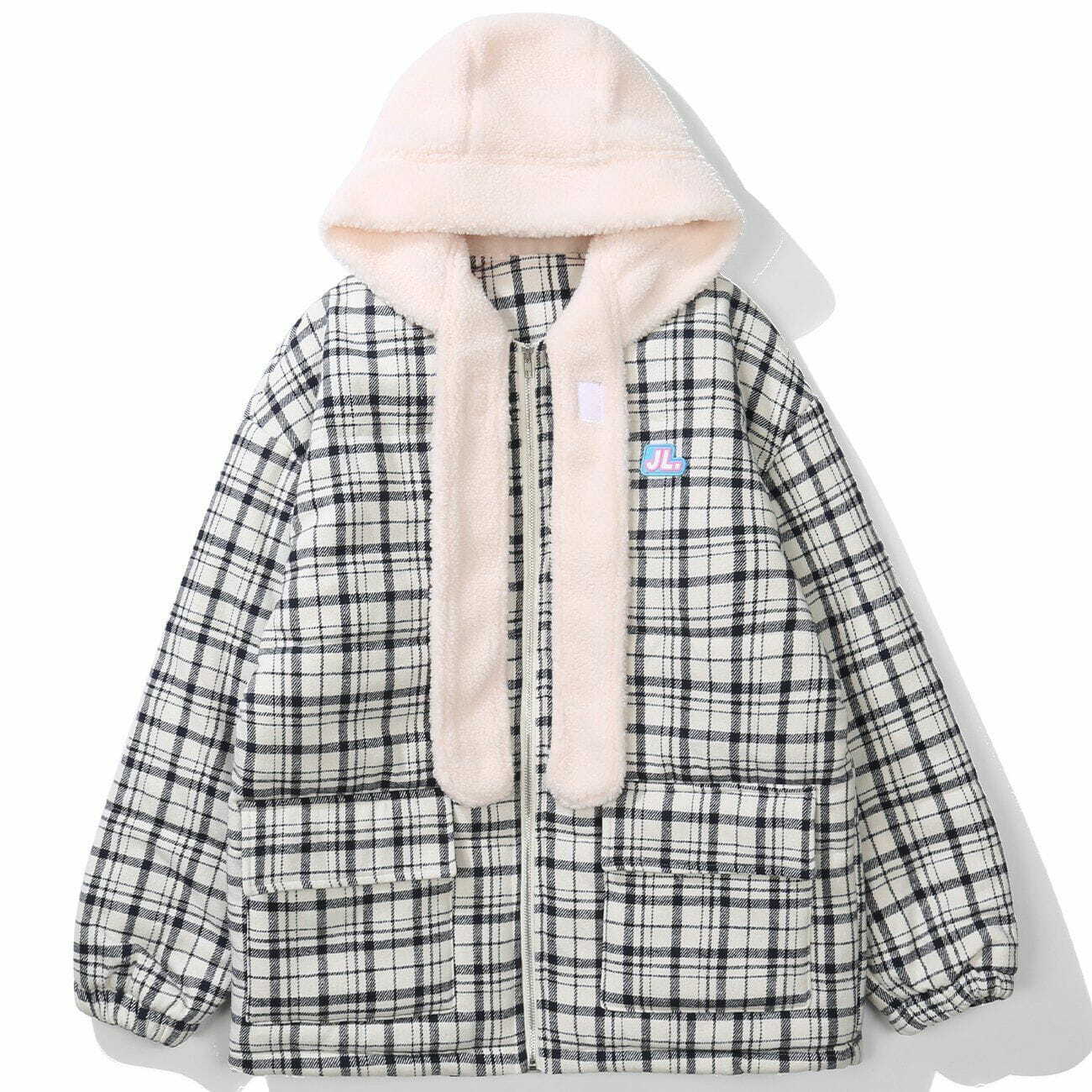 Plaid Patchwork Y2K Winter Coat - Cozy Grunge Aesthetic Outerwear for Stylish Looks