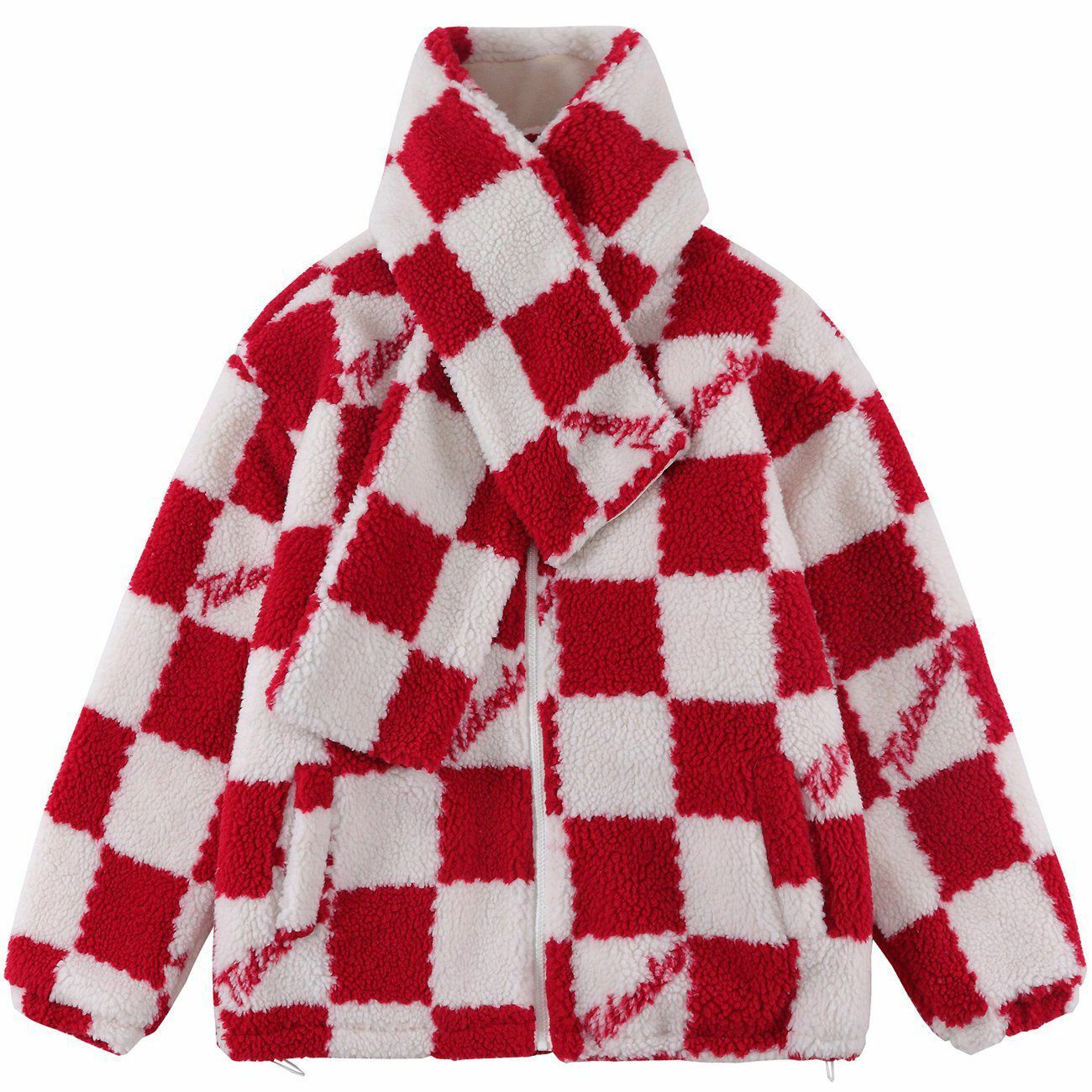 Plaid Scarf Collar Sherpa Coat - Cozy Y2K Aesthetic Outerwear for Fall & Winter Fashion