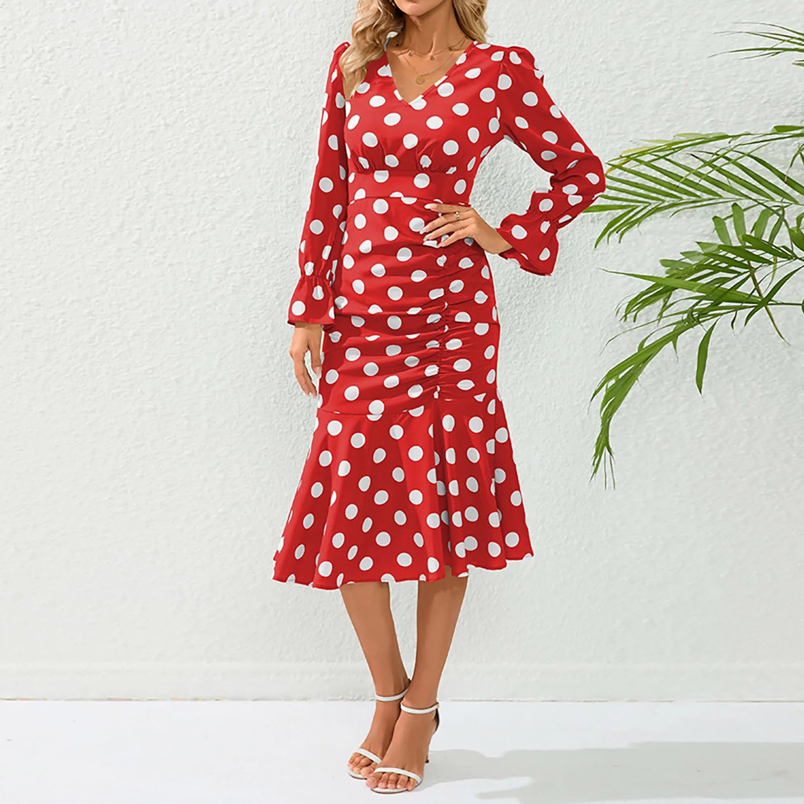 Polka Dot Ruched Flounce V Neck Long Sleeve Dress - Y2K Aesthetic Casual Autumn Fashion