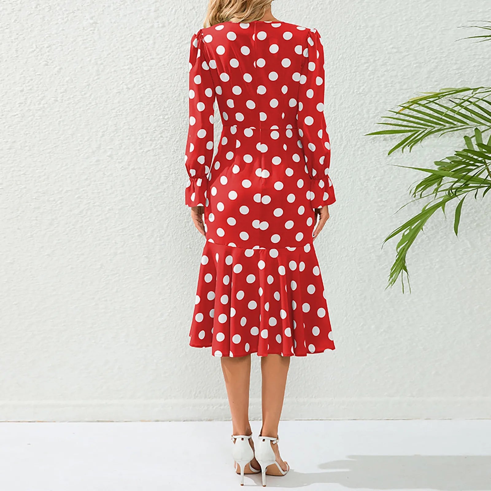 Polka Dot Ruched Flounce V Neck Long Sleeve Dress - Y2K Aesthetic Casual Autumn Fashion