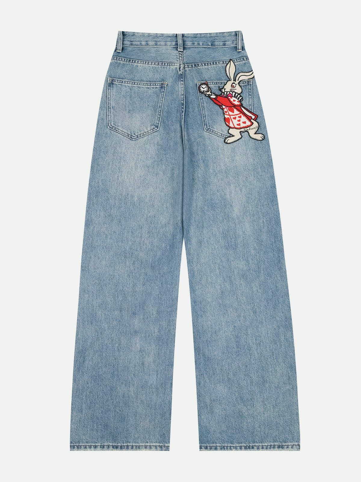 Rabbit Embroidery Y2K Jeans - Cute Grunge Aesthetic Denim for Coquette Style Lovers