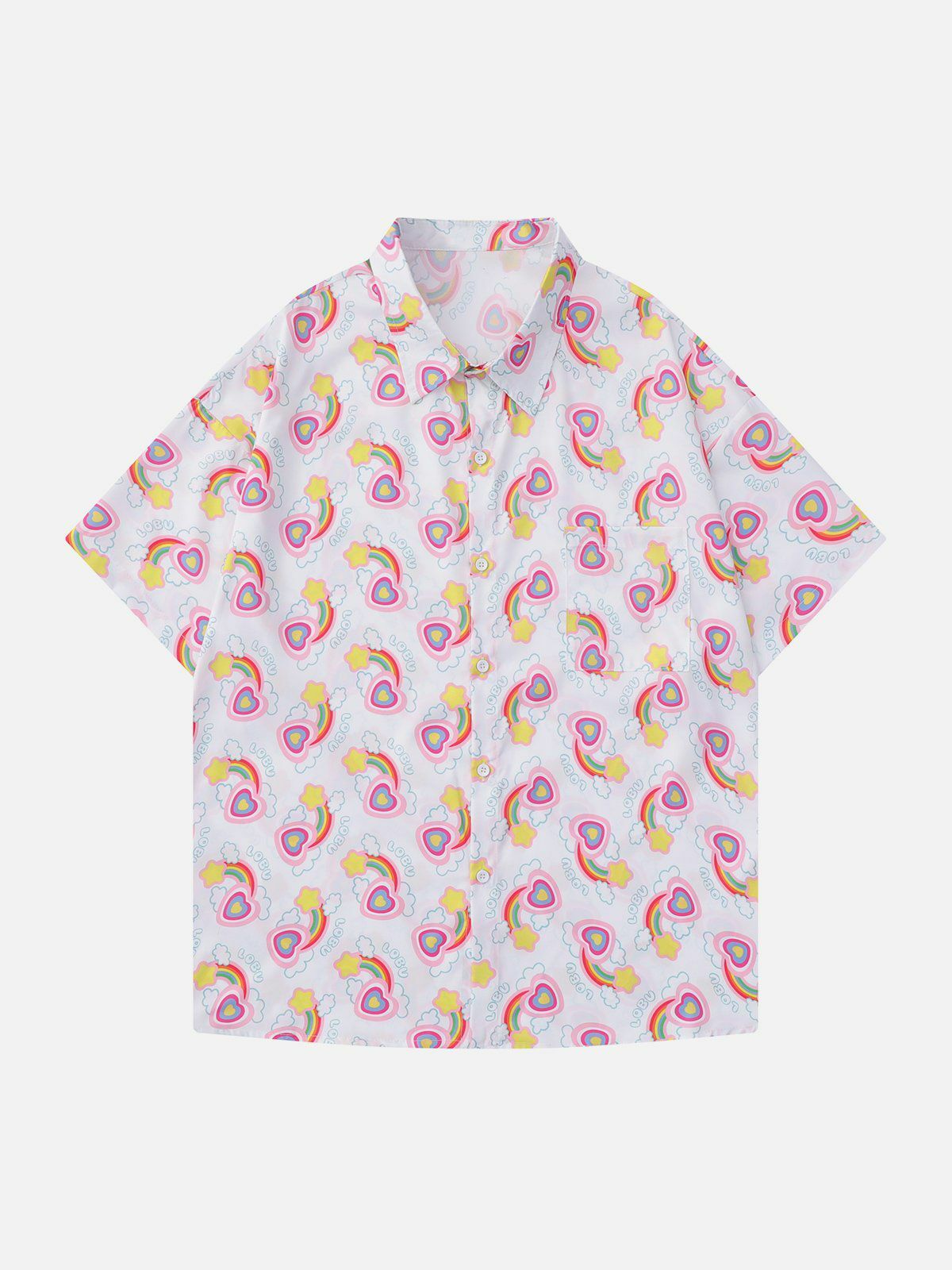 Rainbow Love Print Y2K Aesthetic Short Sleeve Shirt - Cute Tops for Coquette Style