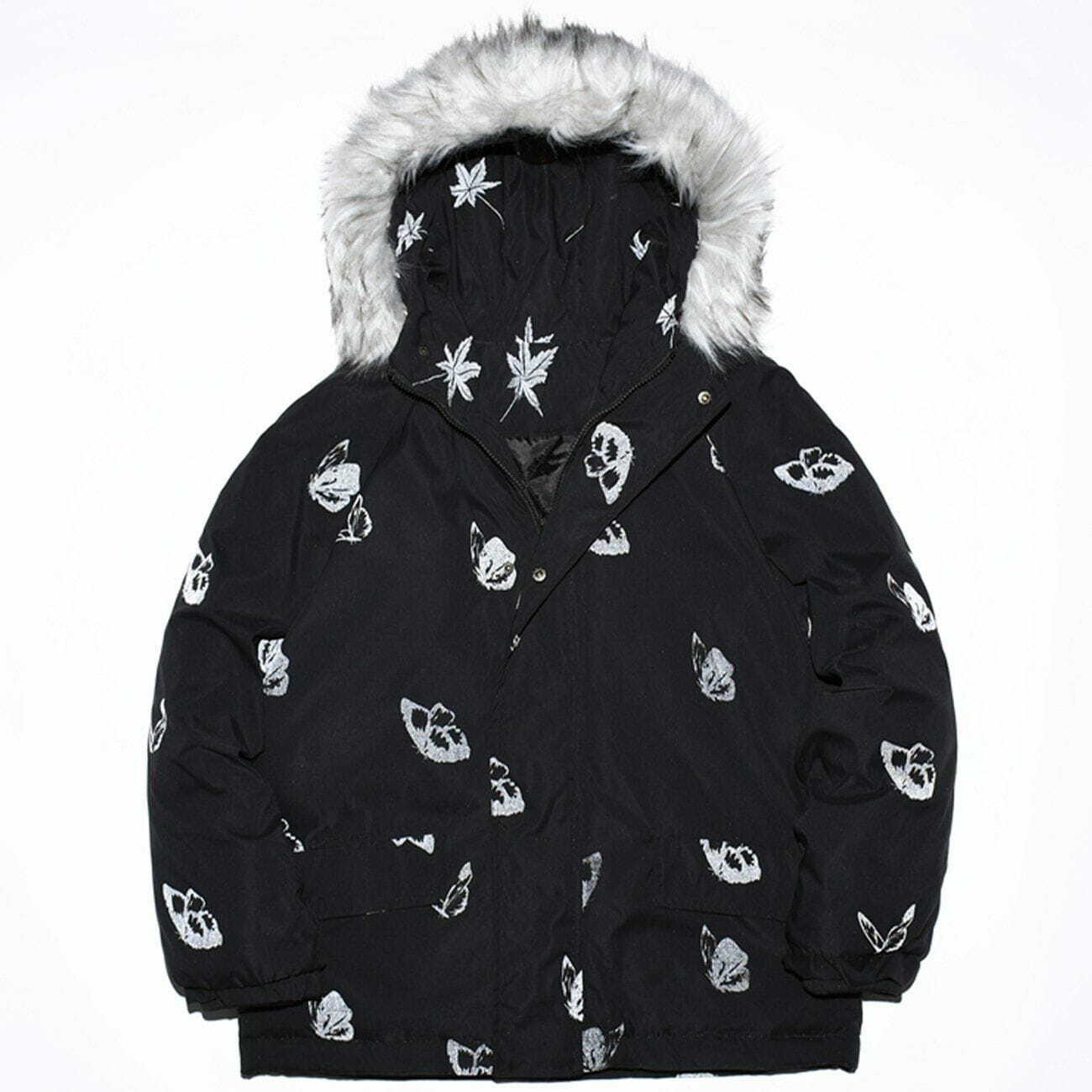 Reflective Butterfly Fur Collar Hooded Winter Coat - Y2K Fashion Meets Coquette Aesthetic