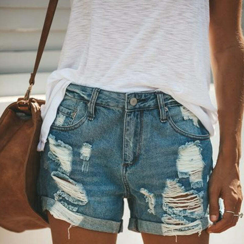 Retro Washed Blue Denim Shorts for Women - Y2K Aesthetic, Grunge Style, Comfy & Cute