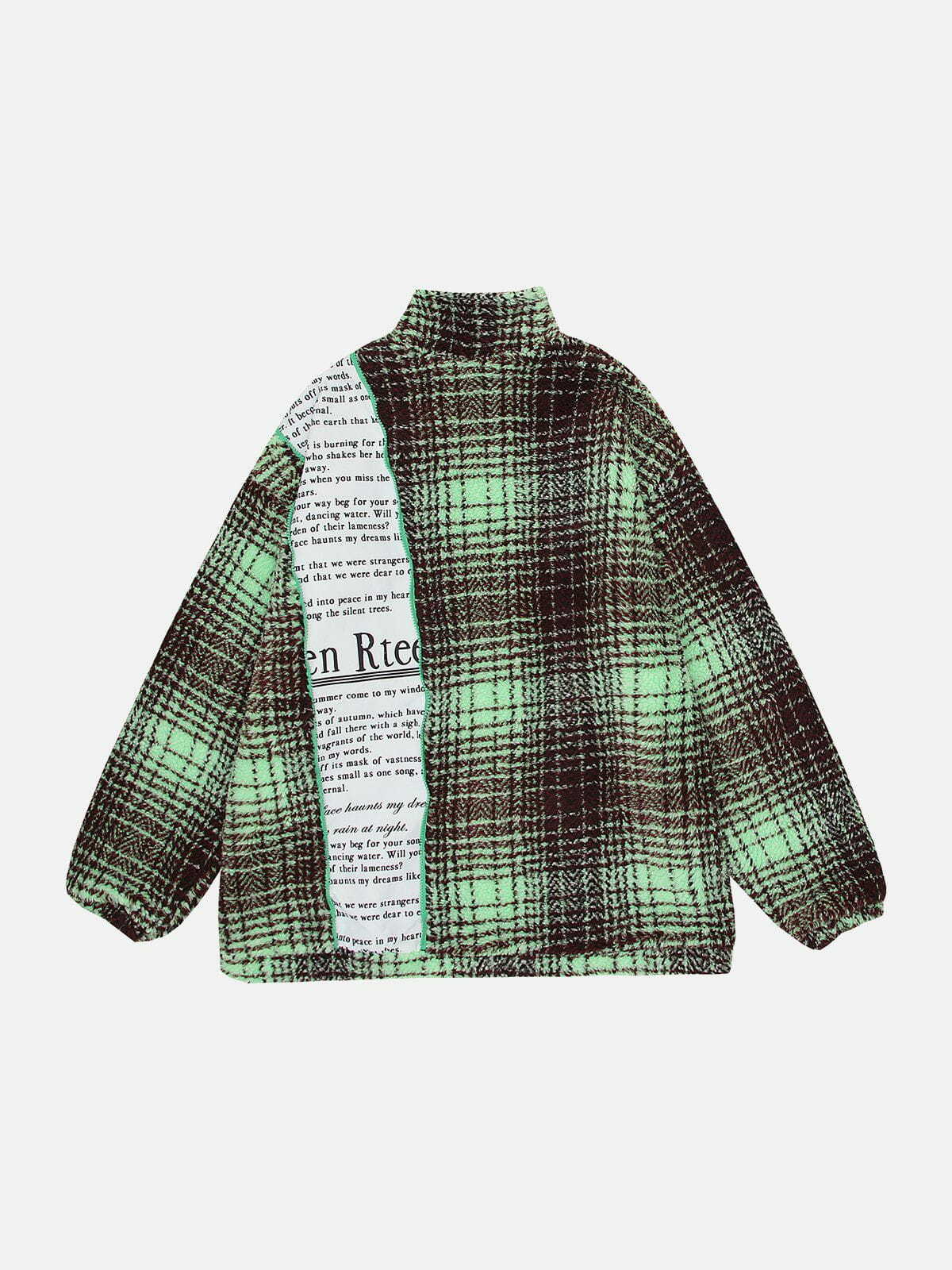 Retro Y2K Patchwork Plaid Sherpa Coat - Cozy Grunge Aesthetic Outerwear for Fall Fashion