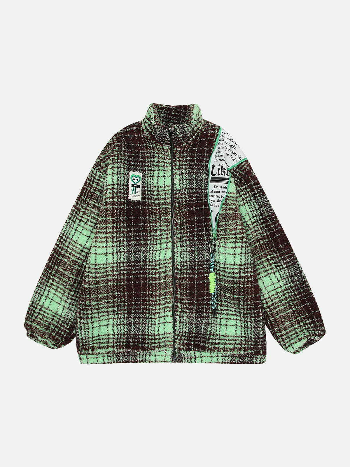 Retro Y2K Patchwork Plaid Sherpa Coat - Cozy Grunge Aesthetic Outerwear for Fall Fashion