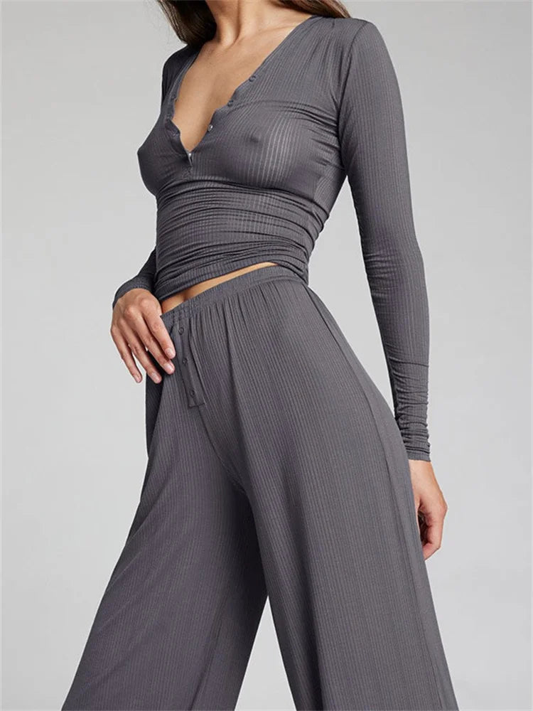 Ribbed V-Neck Button-Up Top & High-Waist Wide Leg Pants Set - Y2K Aesthetic Outfit