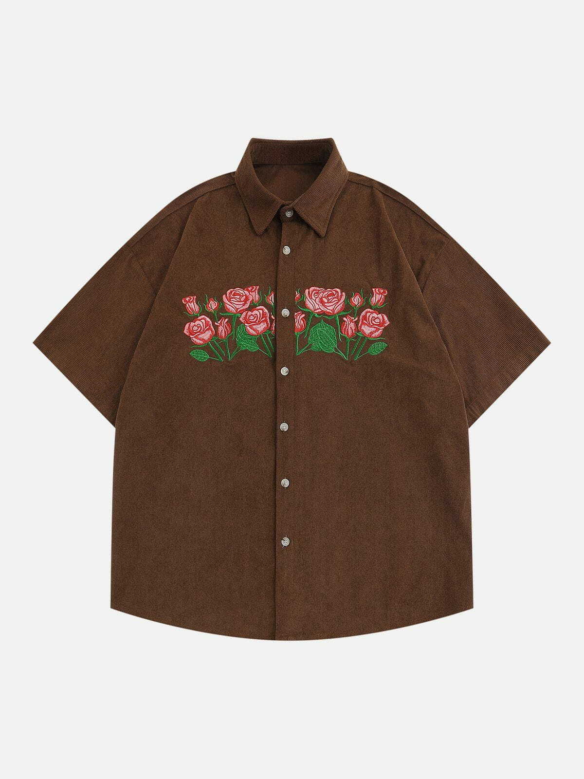 Rose Embroidered Corduroy Short Sleeve Shirt - Y2K Aesthetic Cute Top for Coquette Style