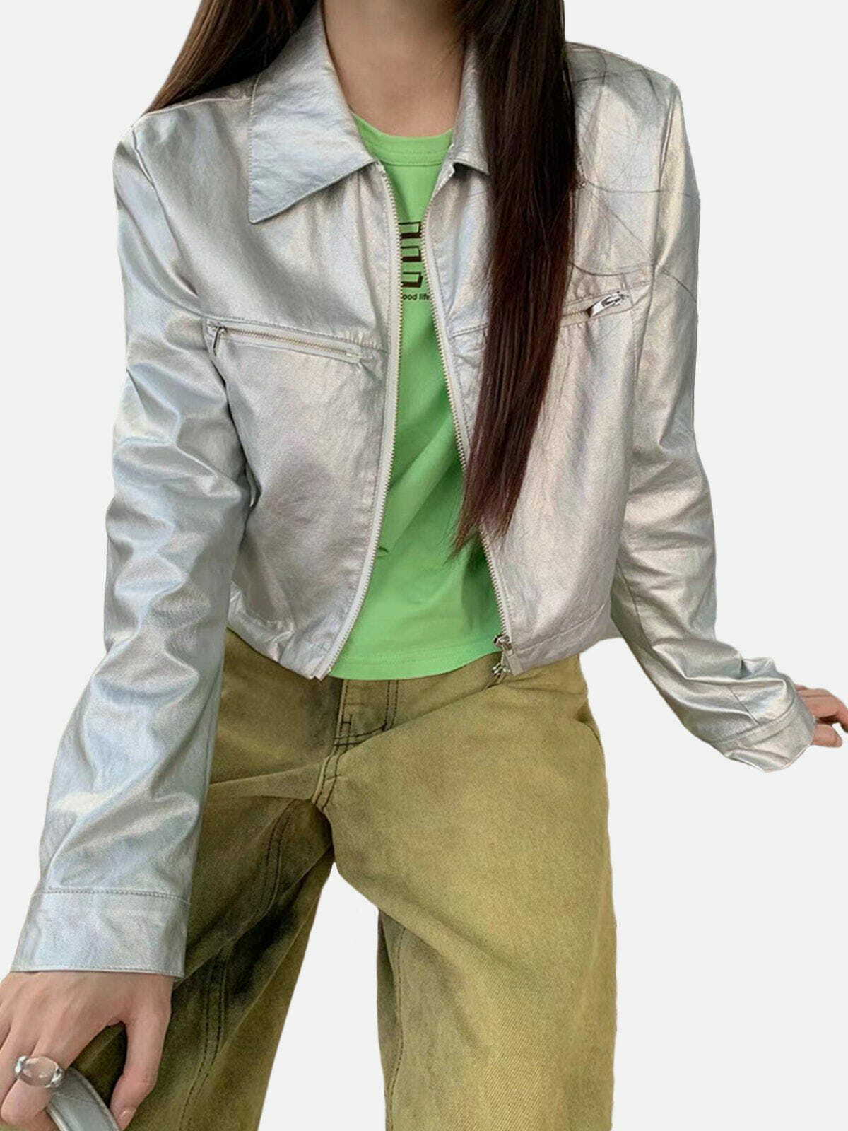 Shiny Silver Cropped Jacket - Y2K Fashion Statement for Grunge Aesthetic & Coquette Style