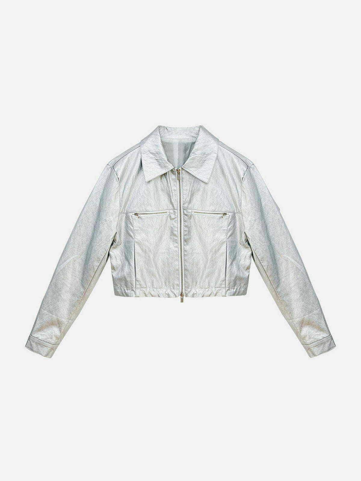 Shiny Silver Cropped Jacket - Y2K Fashion Statement for Grunge Aesthetic & Coquette Style