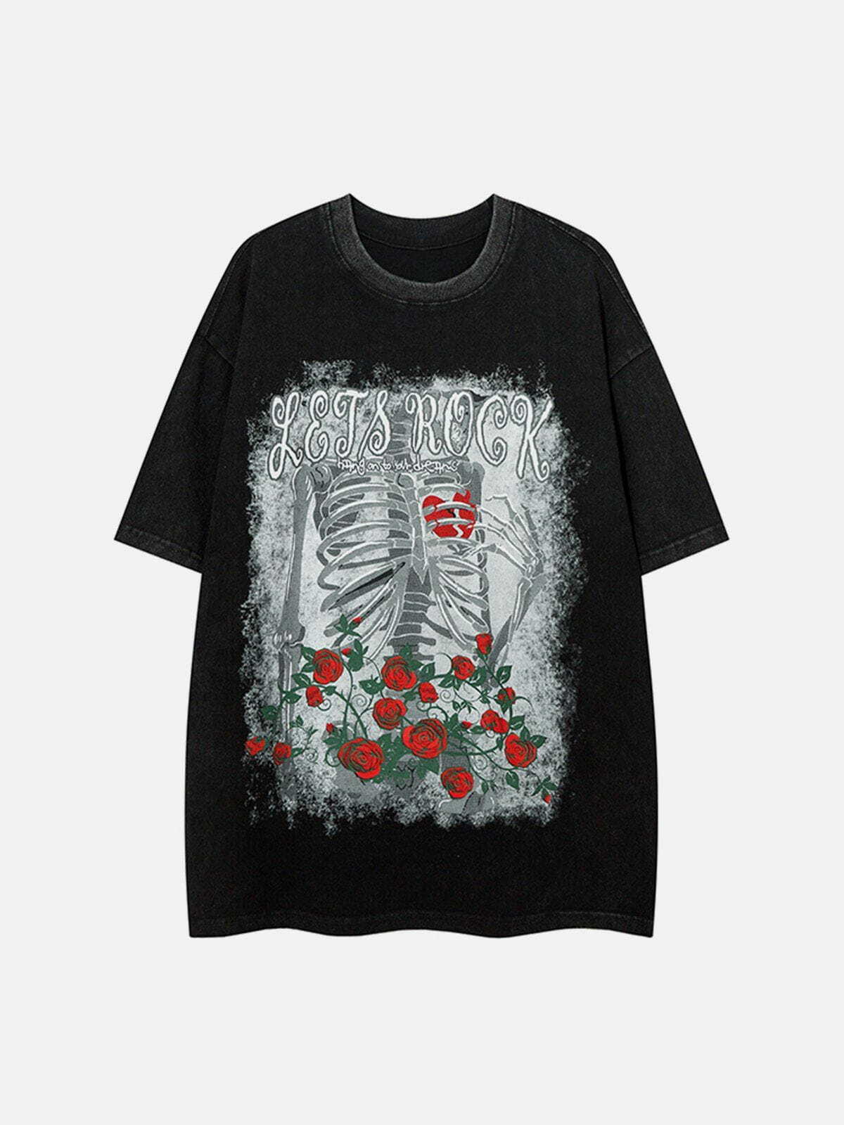 Skeleton Rose Print Tee - Y2K Aesthetic Grunge Style Cute Top for Alternative Fashion Lovers