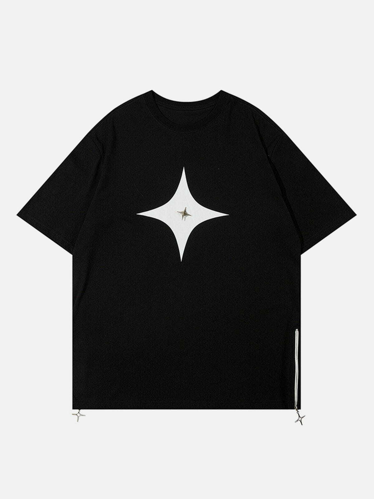 Solid Color Zipper Star Tee - Y2K Fashion Essential for Aesthetic Outfits & Grunge Style