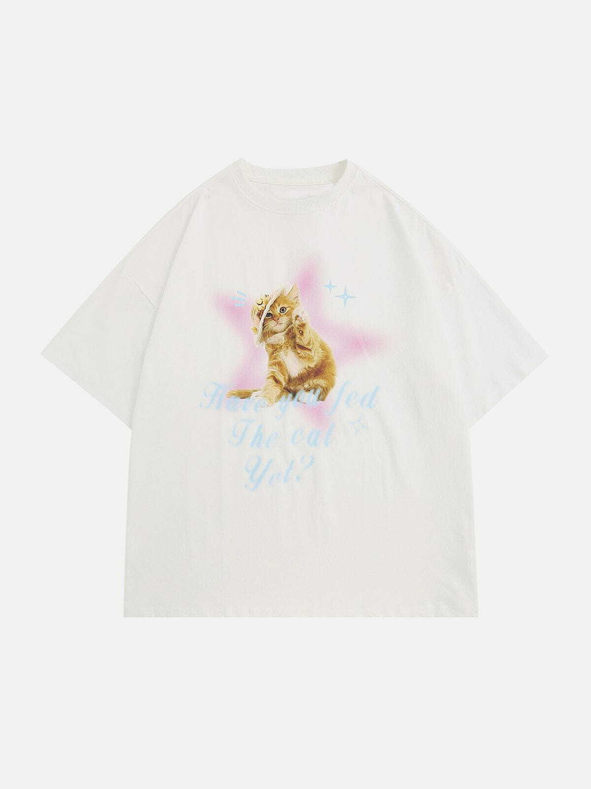 Star Cat Print Tee - Y2K Aesthetic Cute Top for Coquette & Grunge Styles