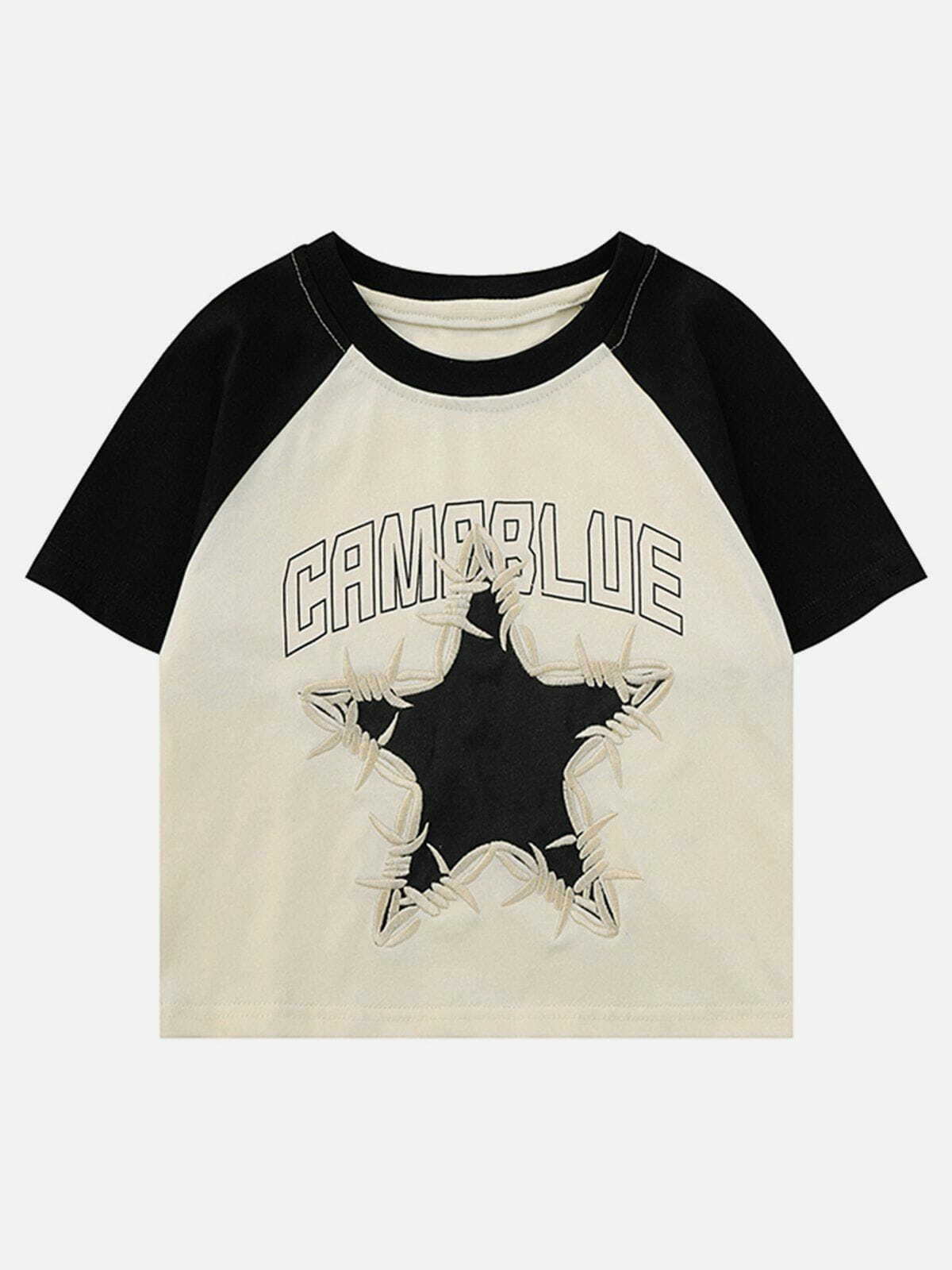 Star Embroidered Y2K Patchwork Tee - Cute Aesthetic Top for Coquette & Grunge Styles