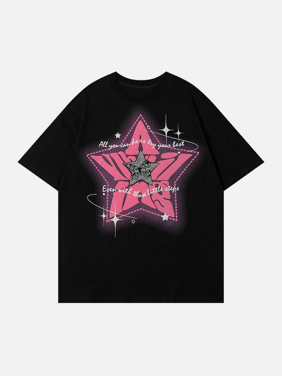 Star Print Butterfly Shadow Tee - Y2K Aesthetic Top for Grunge & Coquette Styles