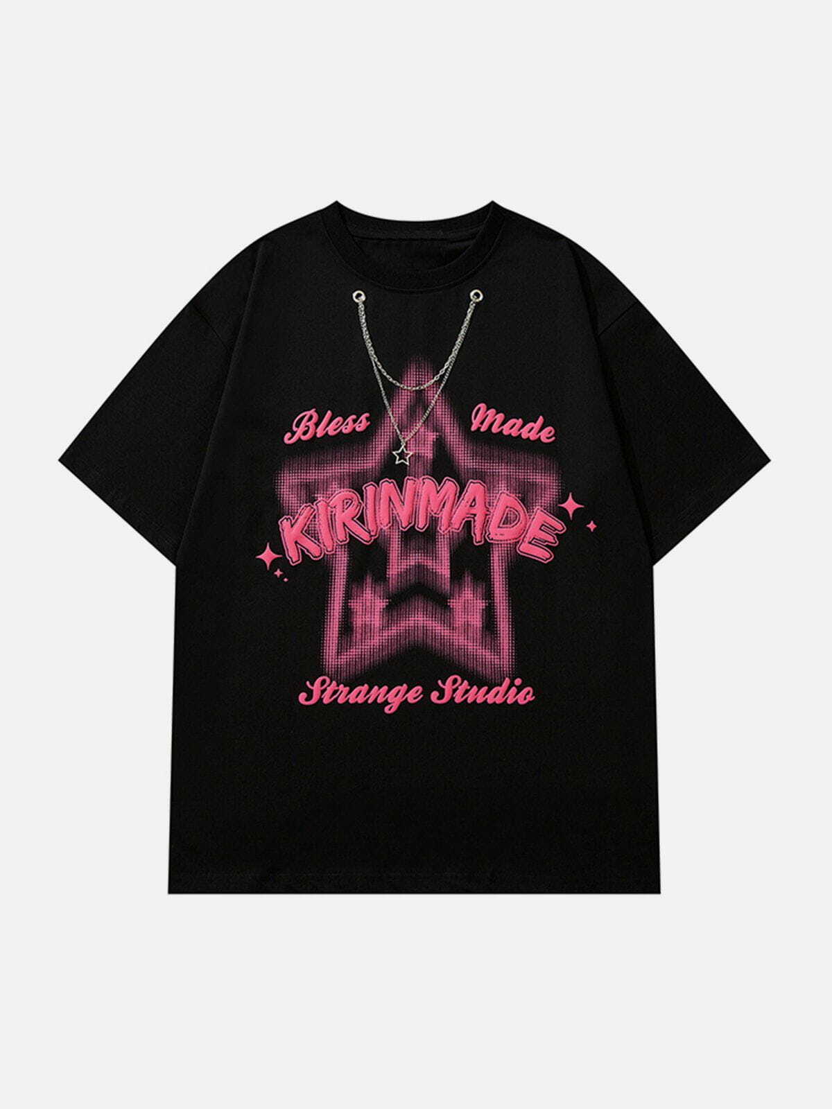 Star Print Chain Decoration Tee - Y2K Aesthetic Top for Grunge and Coquette Styles