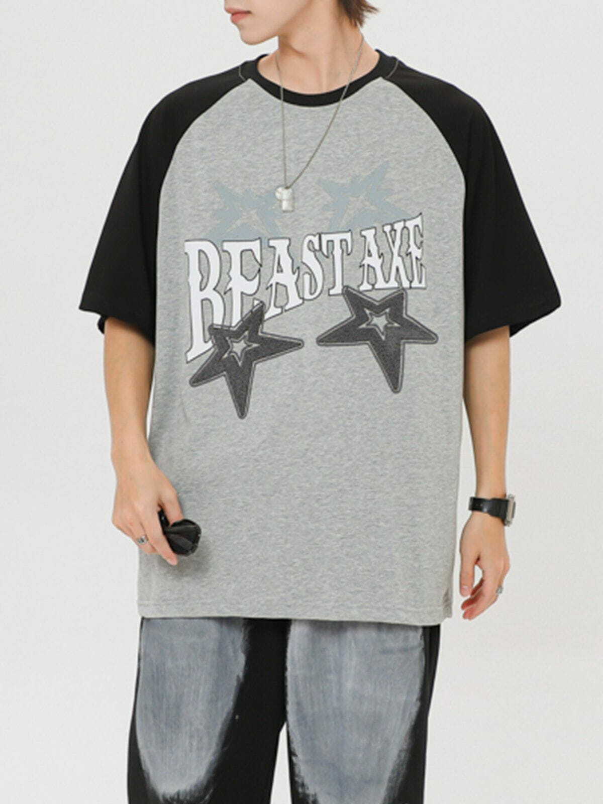 Star Print Color Block Tee - Y2K Fashion, Cute Tops, Aesthetic Outfits, Grunge Style