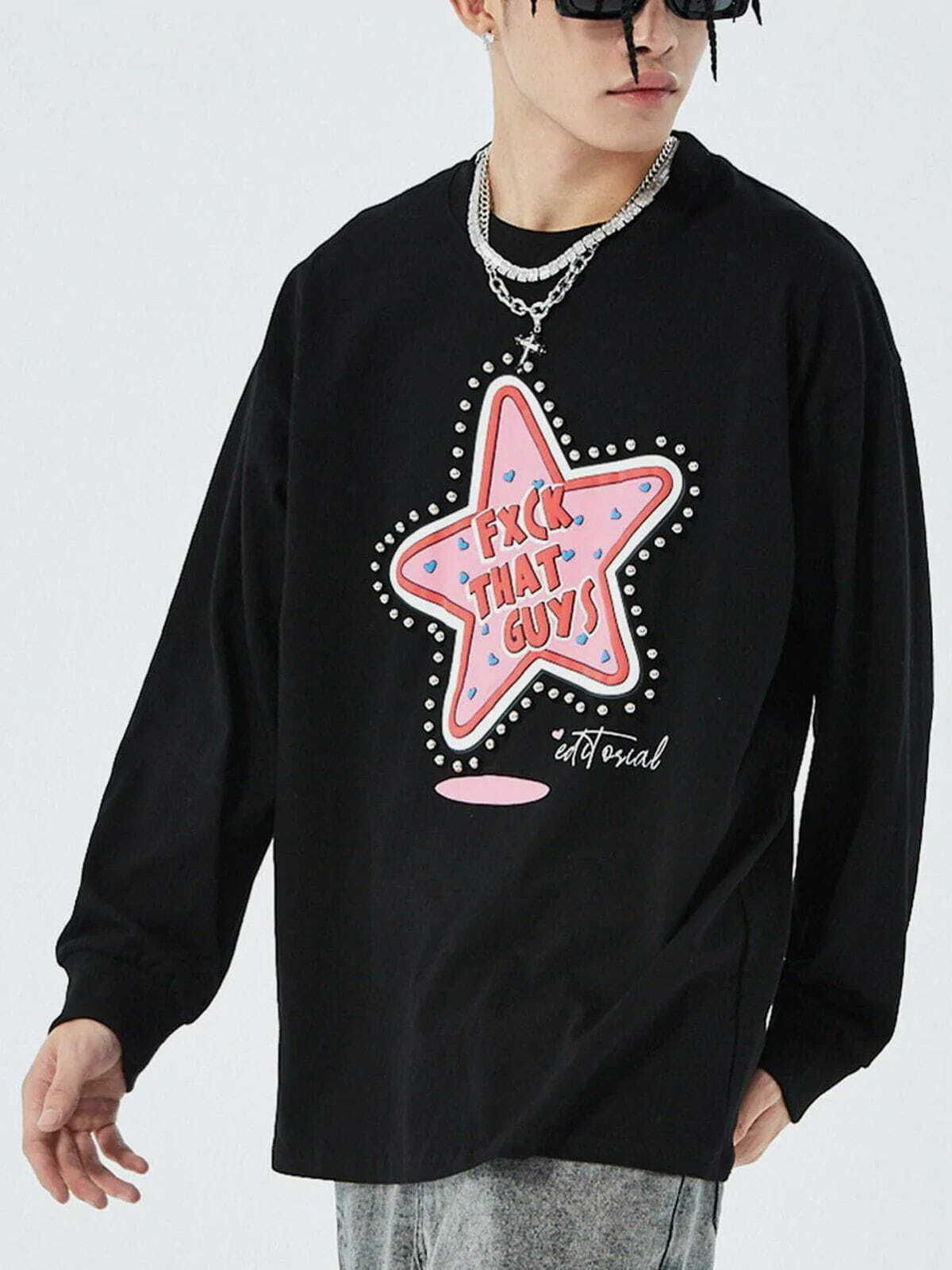 Star Print Long Sleeve Y2K Hoodie - Cute Aesthetic Top for Grunge & Coquette Styles