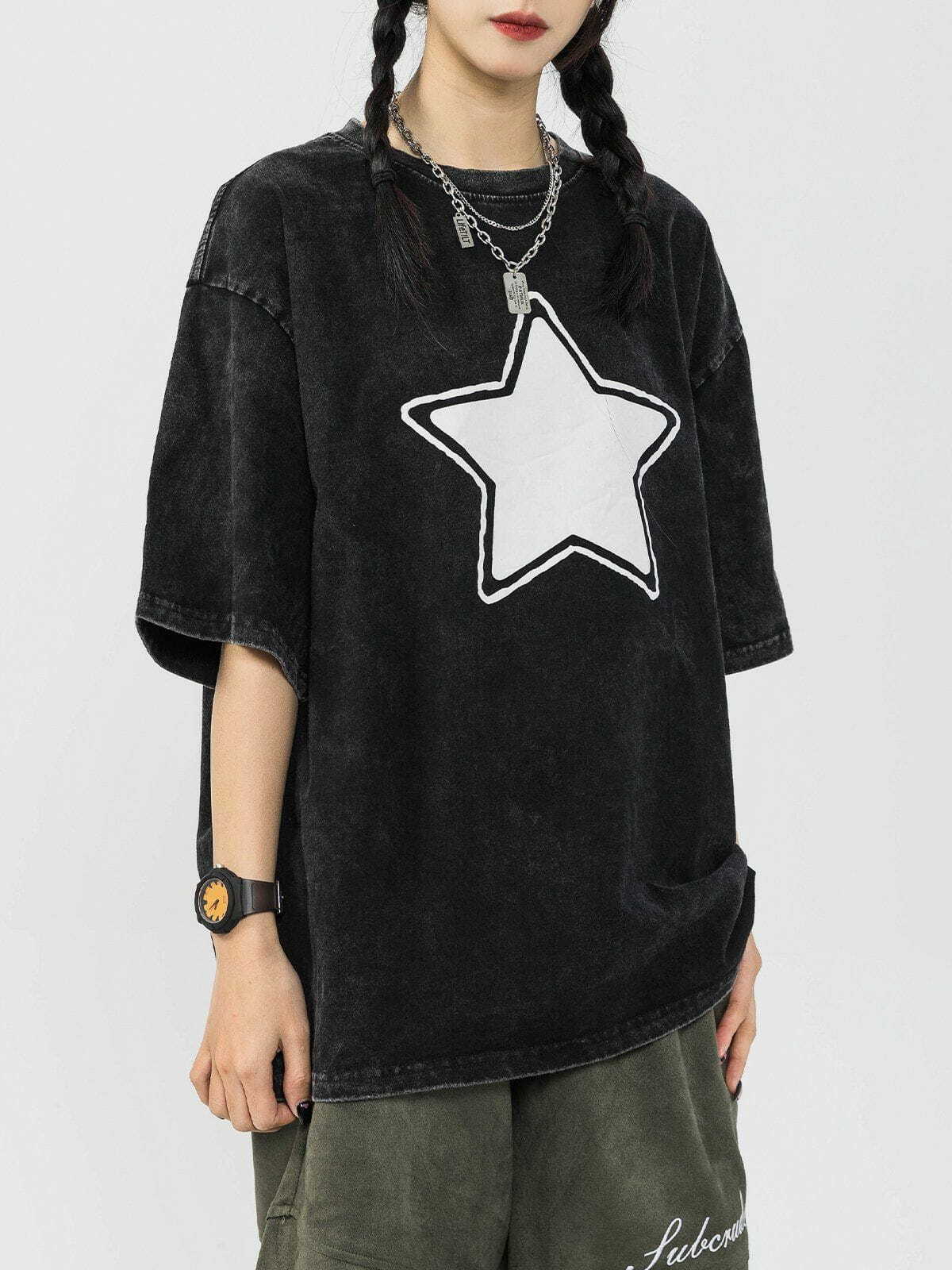 Star Print Washed Tee - Y2K Aesthetic Top for Grunge, Coquette, and Cute Outfits