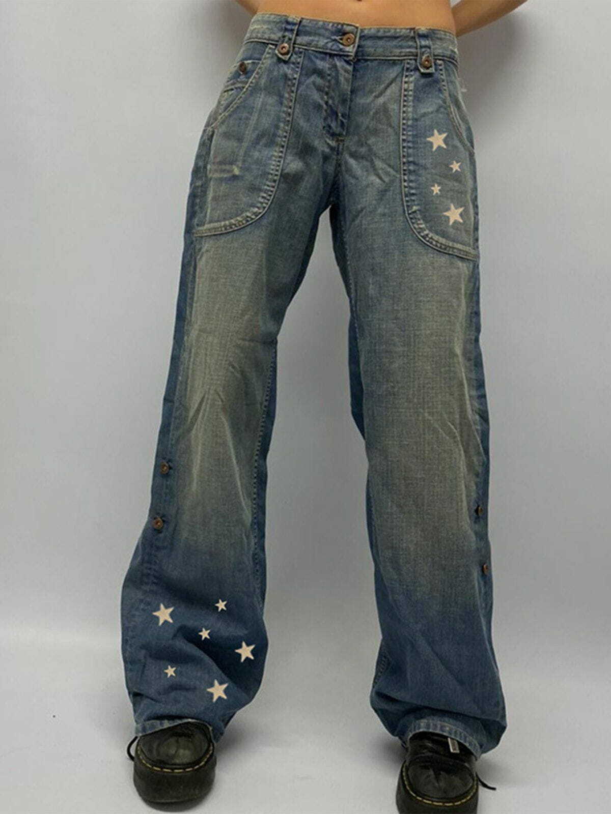 Star Print Y2K Jeans - Low Rise Straight Leg for Grunge Aesthetic & Cute Outfits