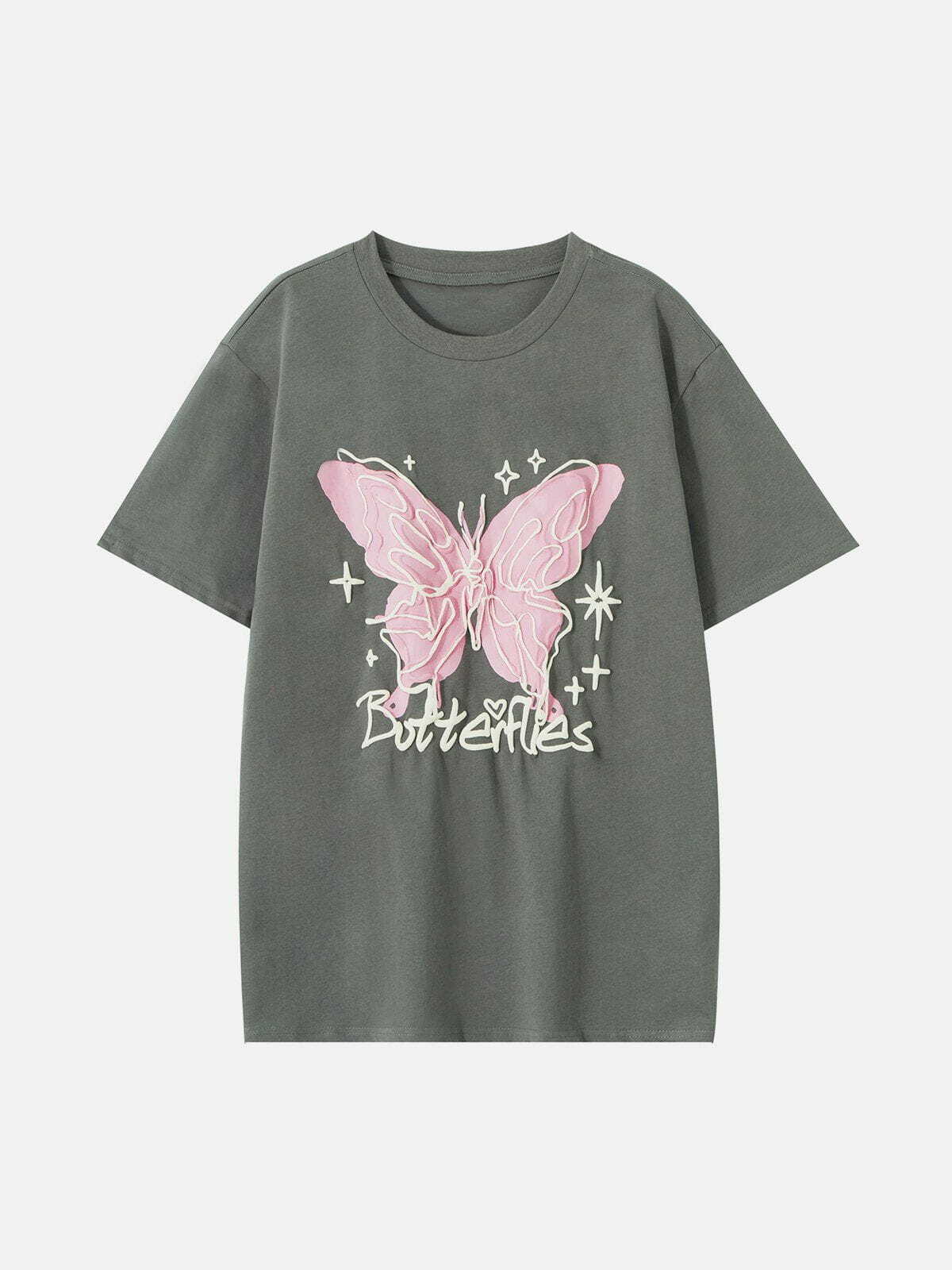 Stereoscopic Butterfly Print Tee - Y2K Aesthetic Cute Top for Coquette & Grunge Styles