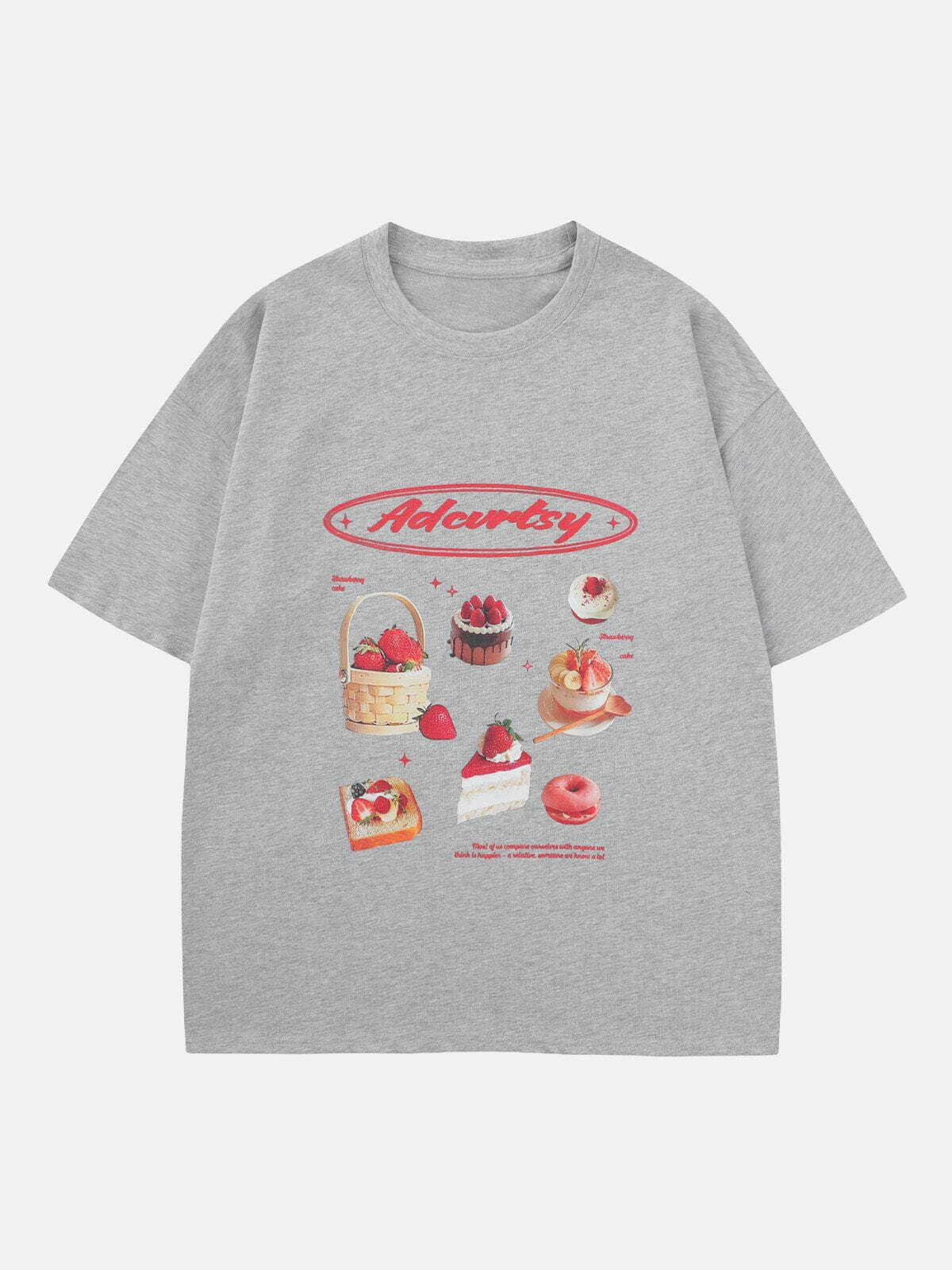 Strawberry Cake Print Tee - Y2K Aesthetic Cute Top for Coquette & Grunge Styles