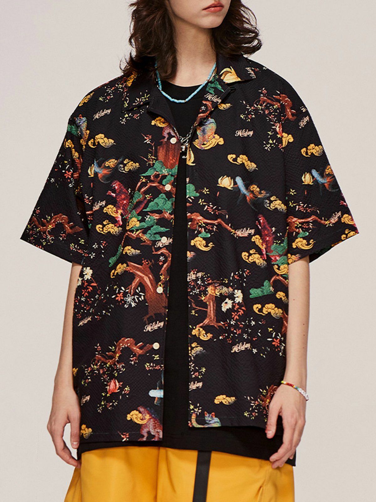 Tree Animal Print Short Sleeve Shirt - Y2K Aesthetic, Cute Tops for Coquette & Grunge Styles