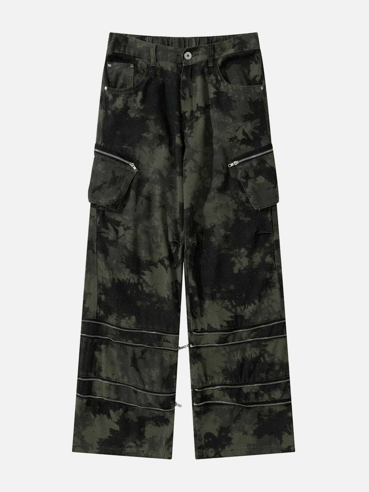 Trendy Camouflage Cargo Pants with Multi-Pocket Zipper Design for Y2K and Grunge Aesthetic